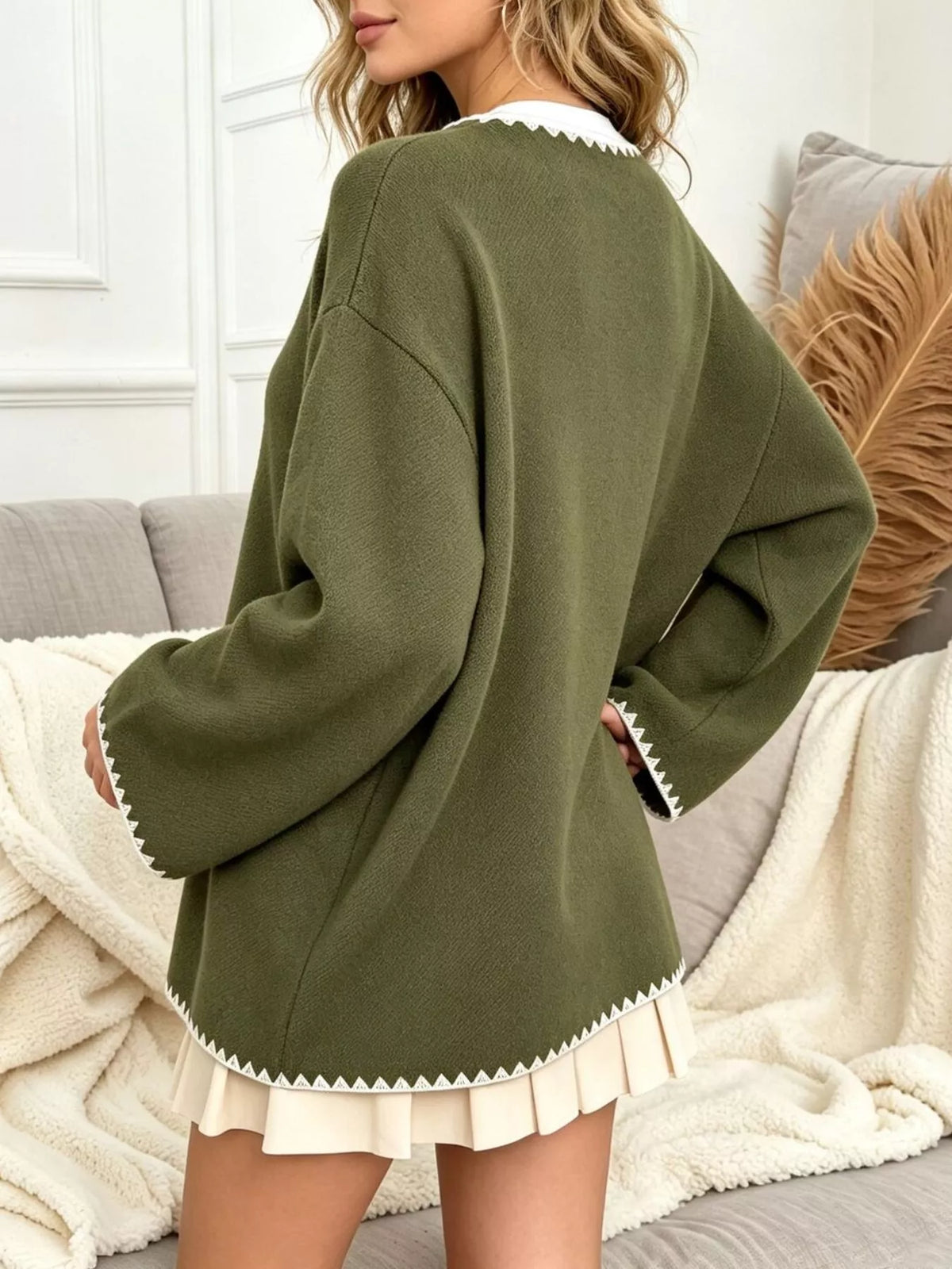 contrast trim button-front outerwear | dropsona - neutral - close-up detail