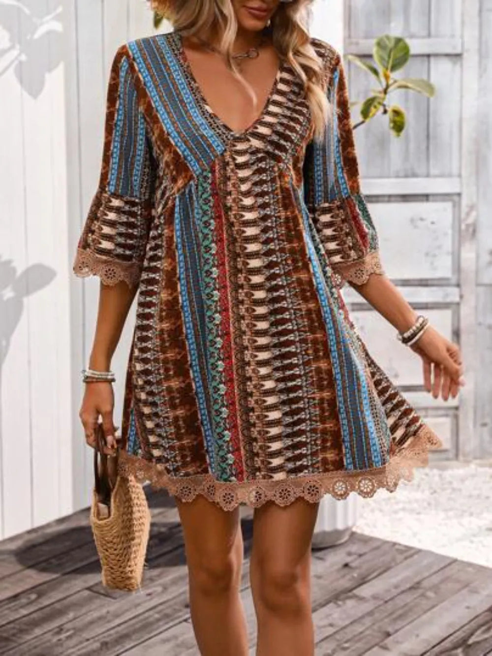 lace trim printed v-neck 3/4 sleeve dress - material texture