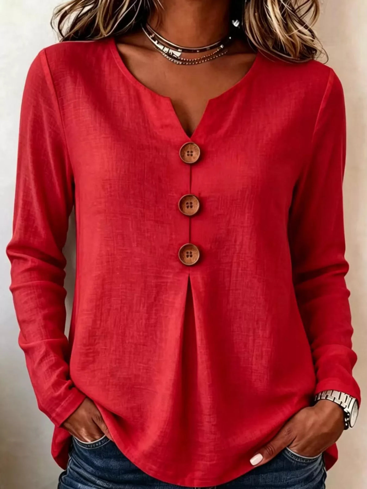 full size long sleeve blouse with decorative wooden | dropsona - neutral - usage example