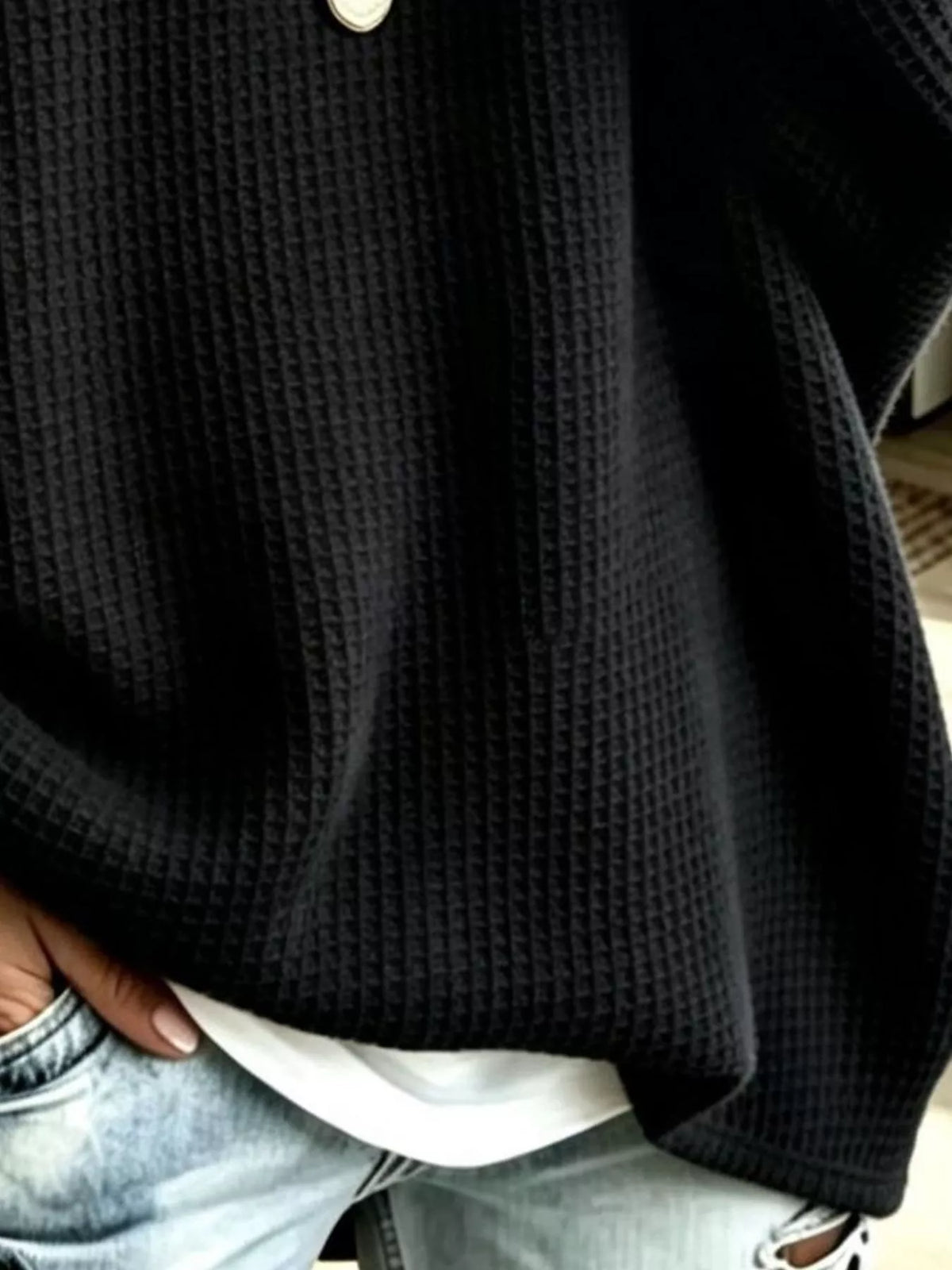full size waffle knit boat neck sweatshirt plus | dropsona - neutral - close-up detail