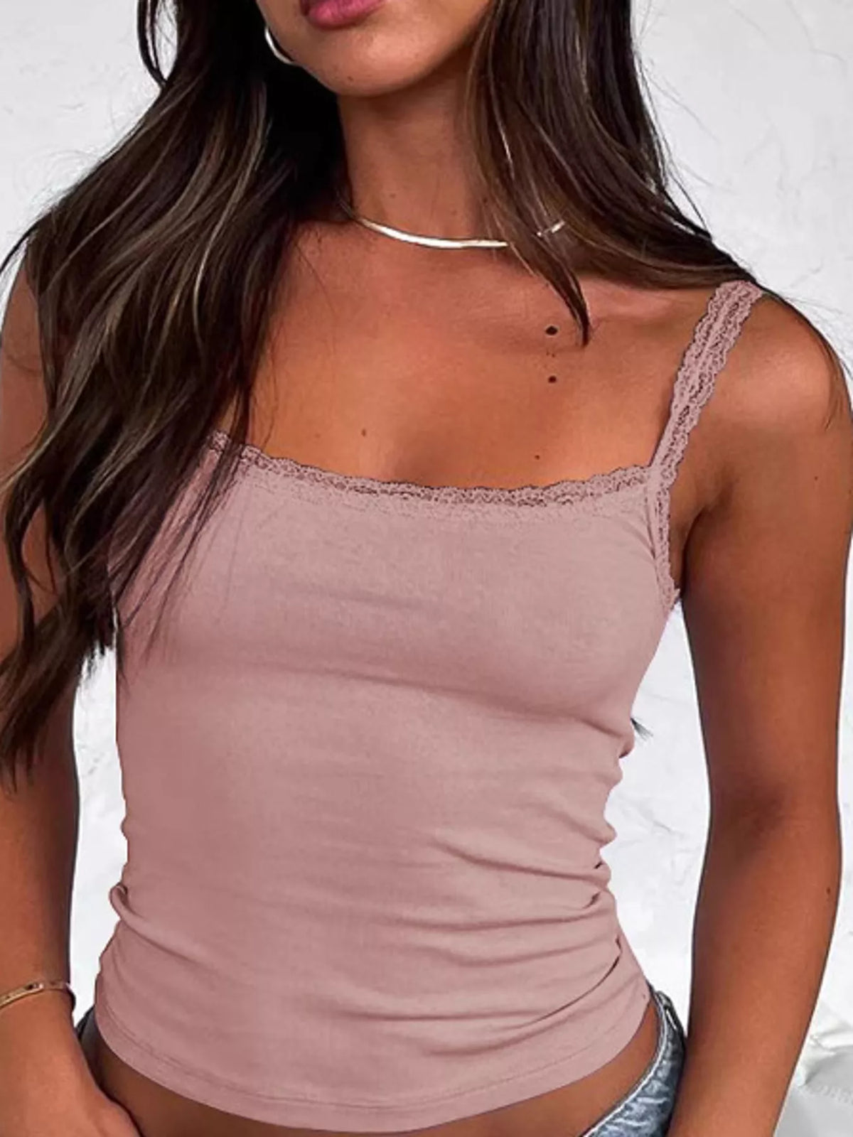 lace detail cami top – detail,ribbed,backless fit | dropsona - neutral - front view