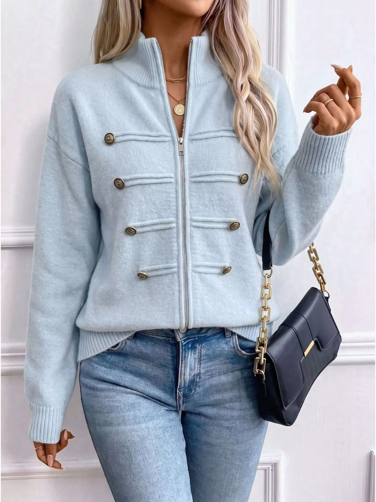 zip-up long sleeve cardigan – decorative button | dropsona - neutral - everyday use