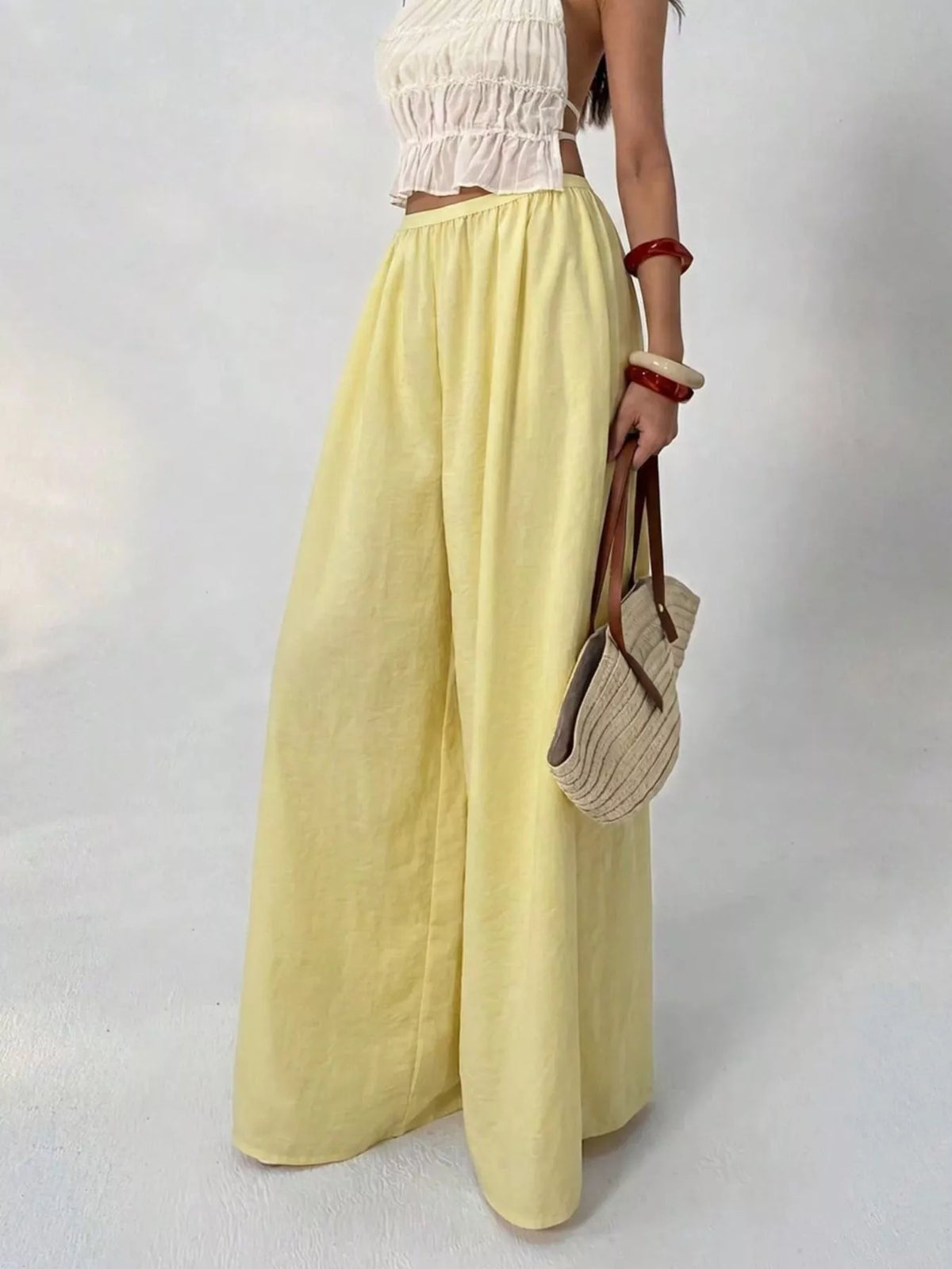 high-waisted wide-leg pleated casual pants | dropsona - neutral - packaging