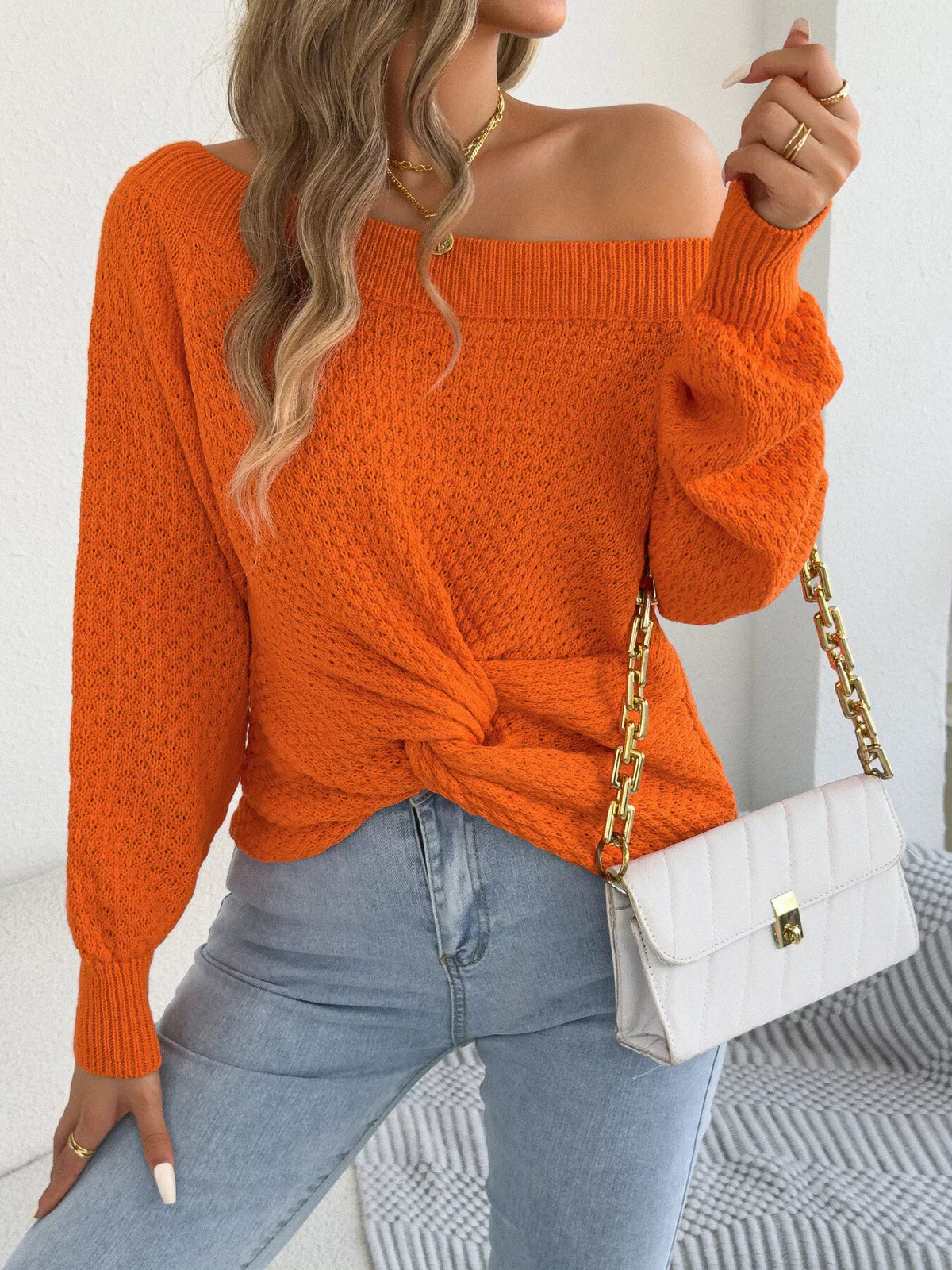 off-shoulder twist front textured knit top – twisted | dropsona - neutral - packaging