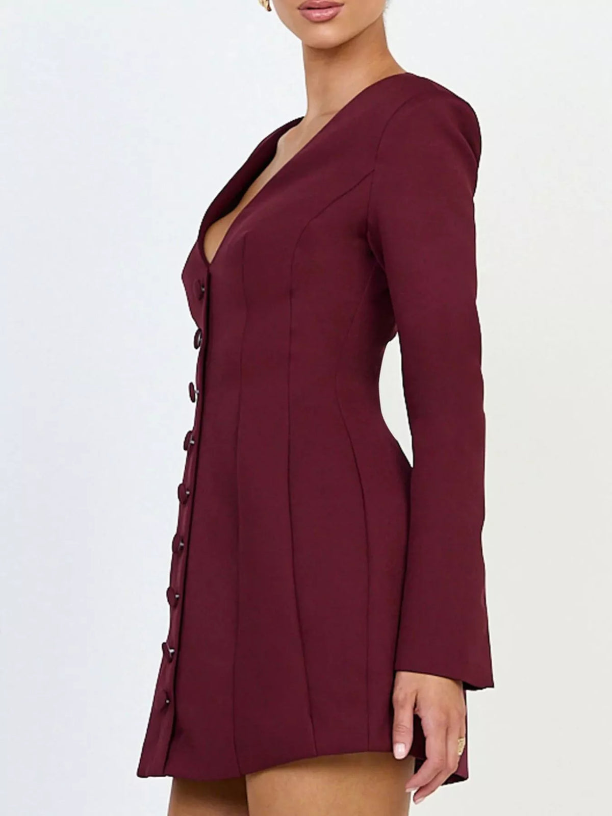 deep v-neck button-down blazer dress – buttoned,zipper | dropsona - neutral - front view