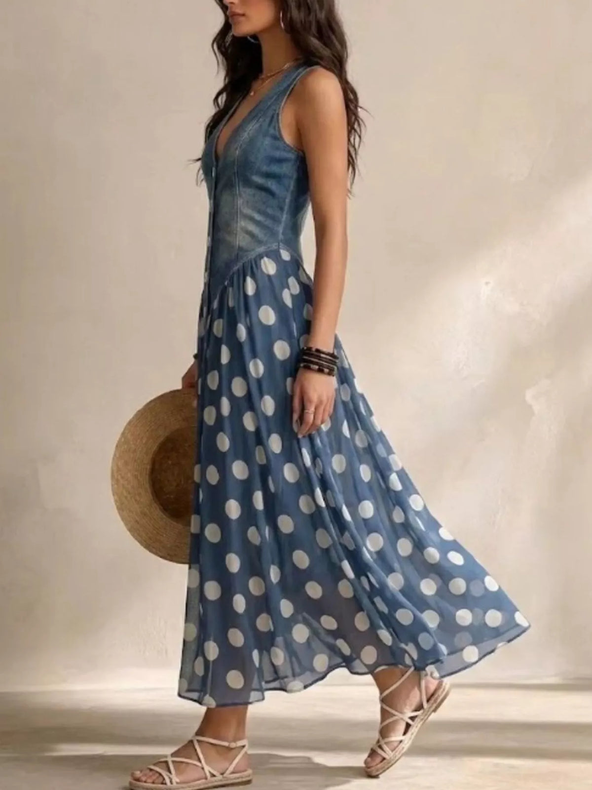 full size polka dot sleeveless maxi dress plus | dropsona - neutral - front view