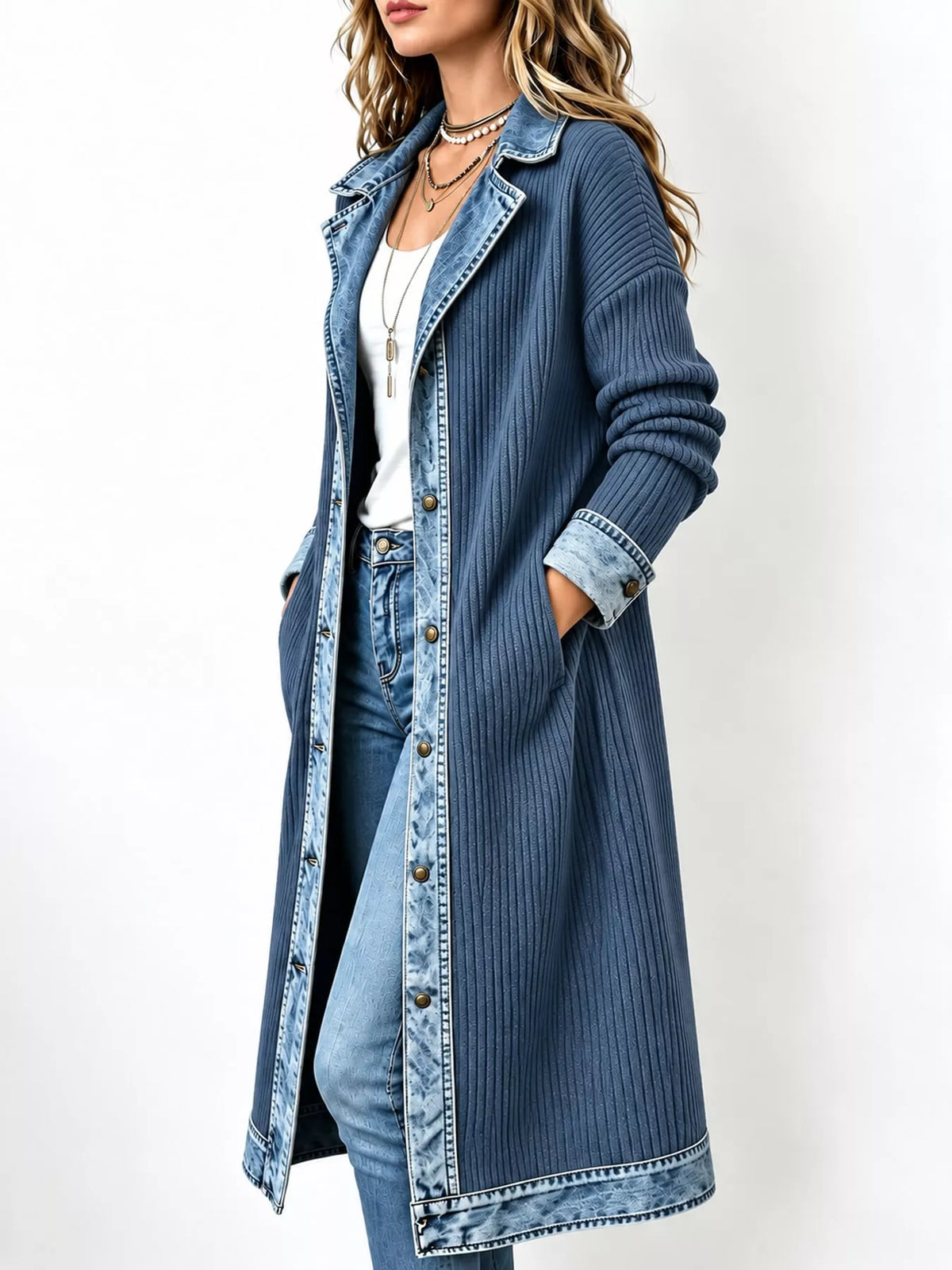 full size denim-trimmed ribbed knit longline cardigan | dropsona - neutral - material texture