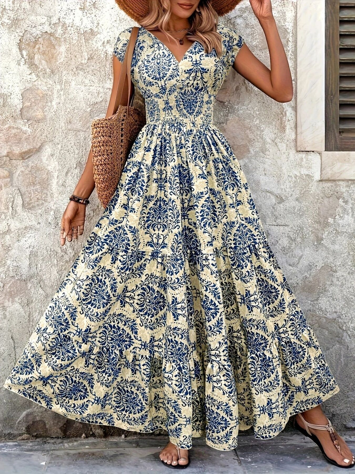 printed cap sleeve maxi dress – tiered,smocked | dropsona - neutral - close-up detail