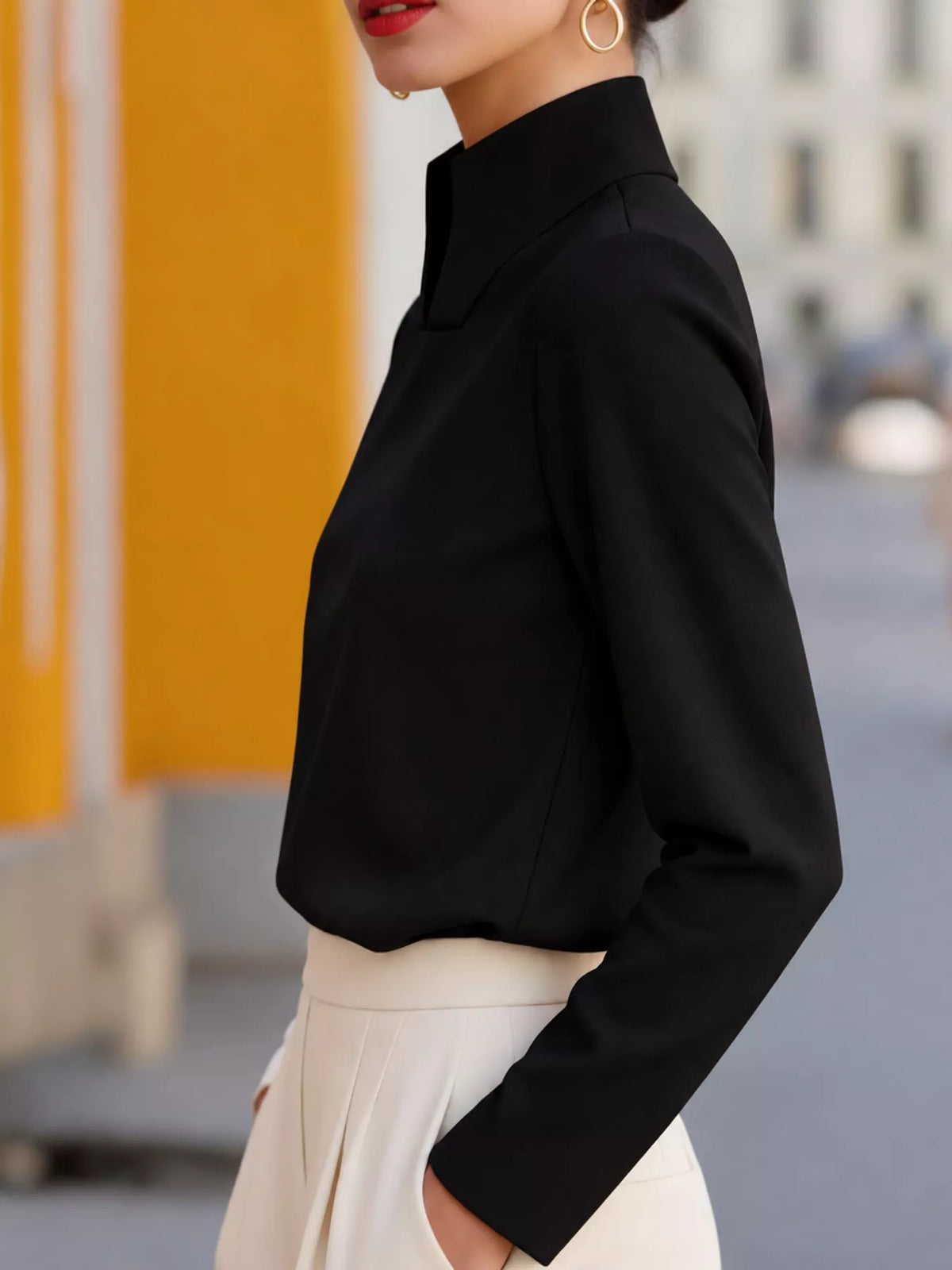 stand-collar long sleeve blouse – basic style fit | dropsona - neutral - front view