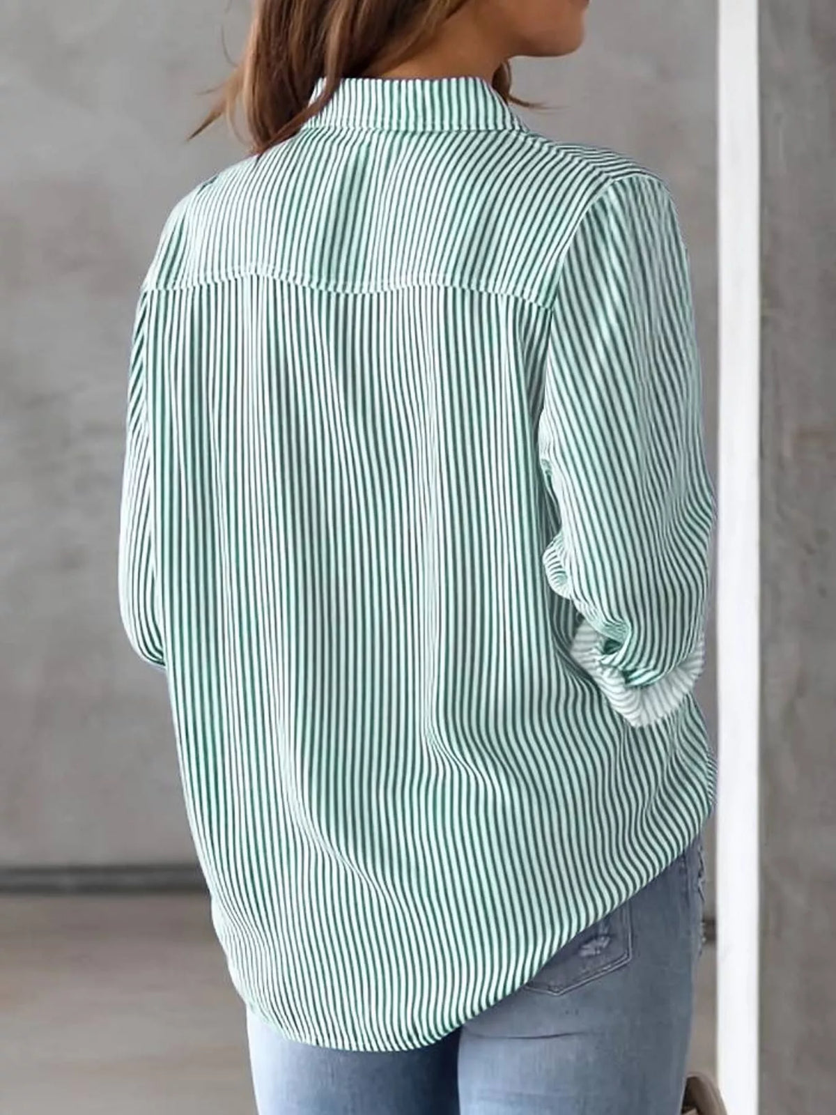 full size striped button-down long sleeve shirt plus | dropsona - neutral - size reference