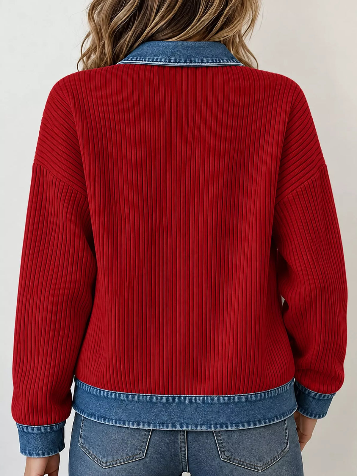 full size denim-collar ribbed knit zip-up jacket plus | dropsona - neutral - front view