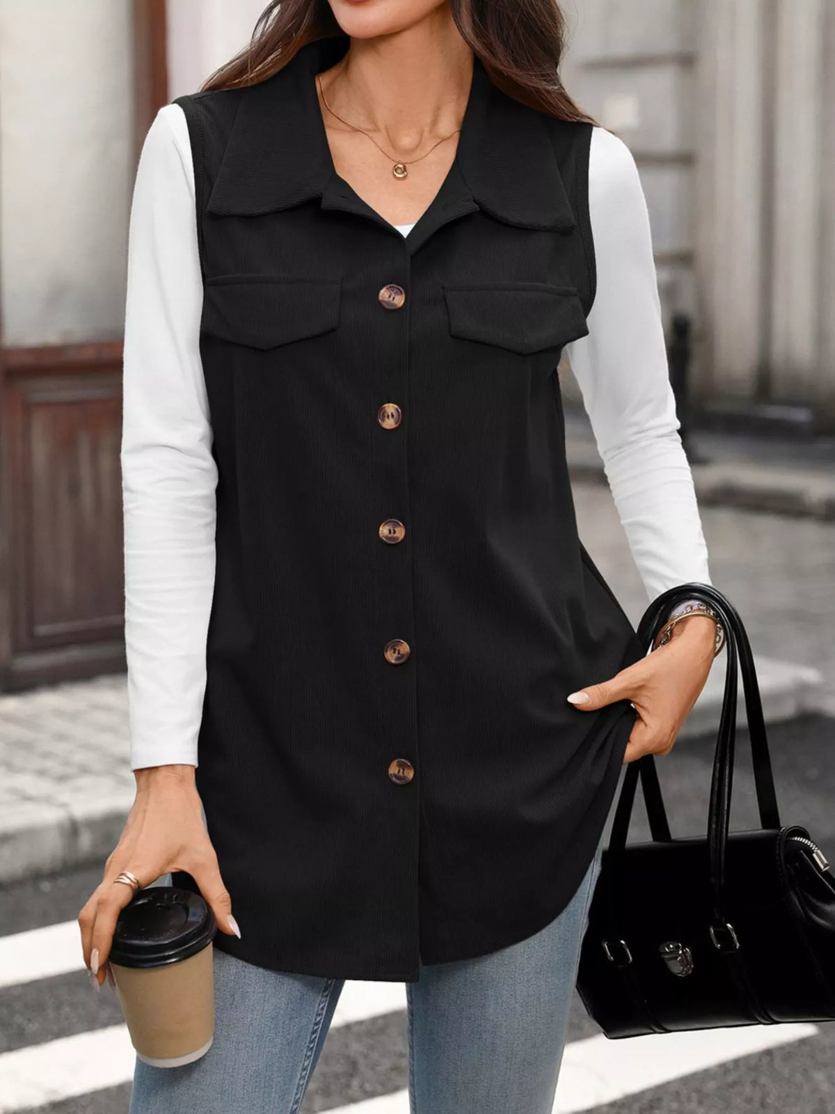 button-down utility vest coat | dropsona - neutral - front view