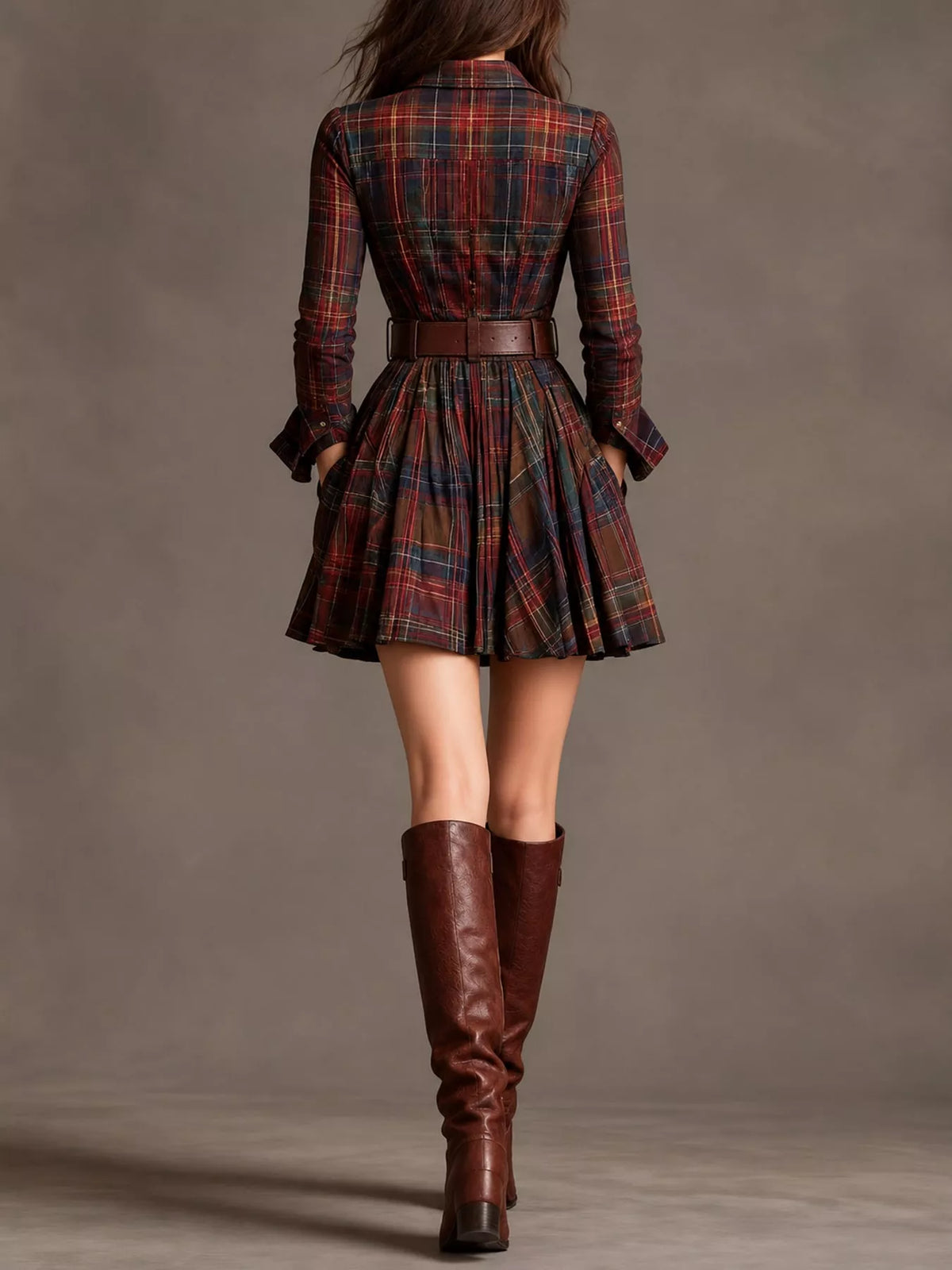 plaid long-sleeve shirt dress | dropsona - neutral - close-up detail