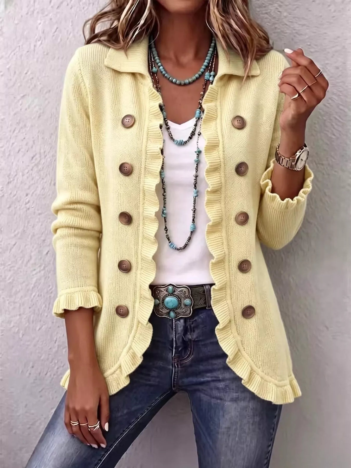 full size ruffled trim decorative button cardigan | dropsona - neutral - close-up detail