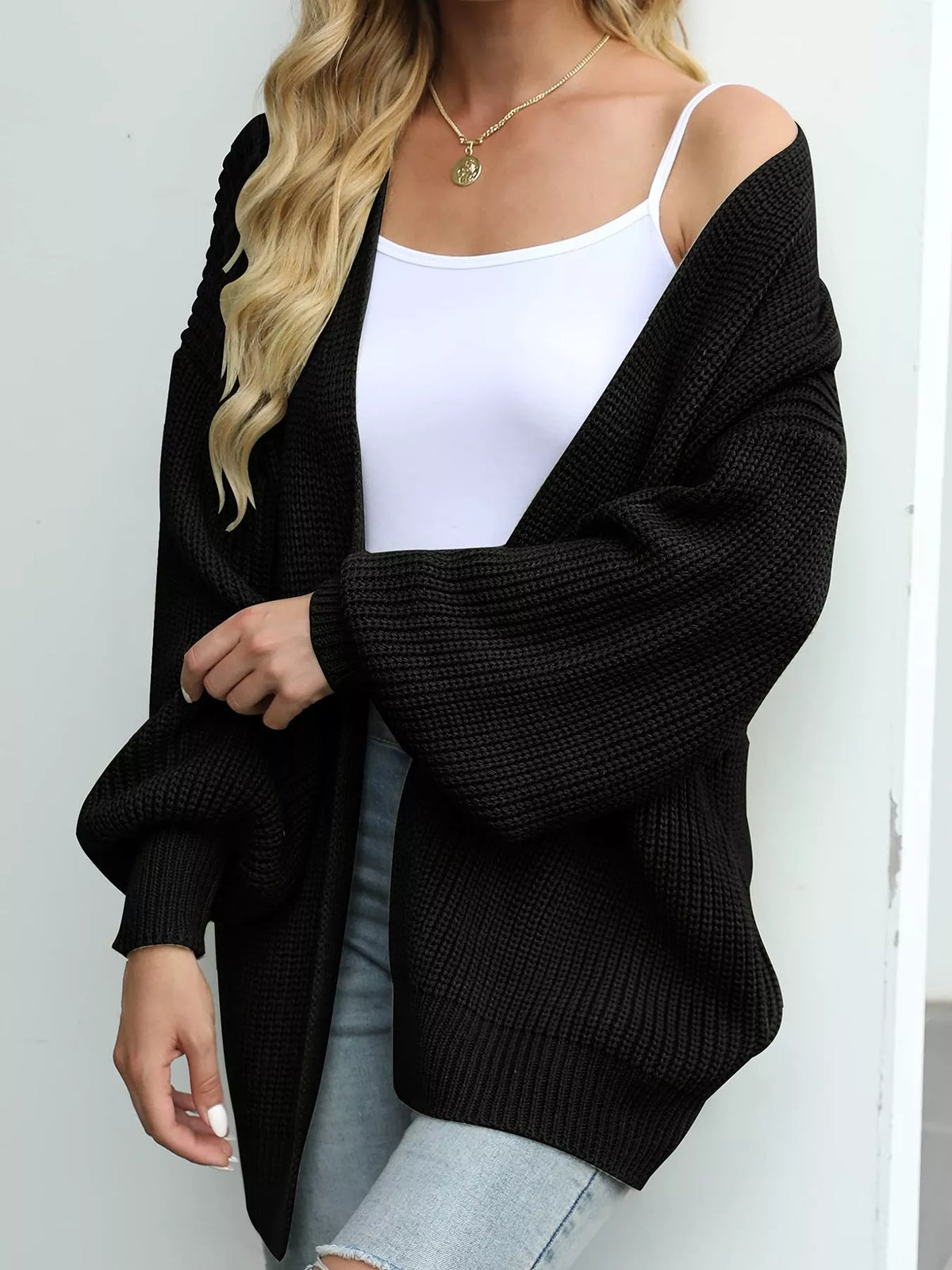 chunky knit open front cardigan with lantern sleeves | dropsona - neutral - usage example