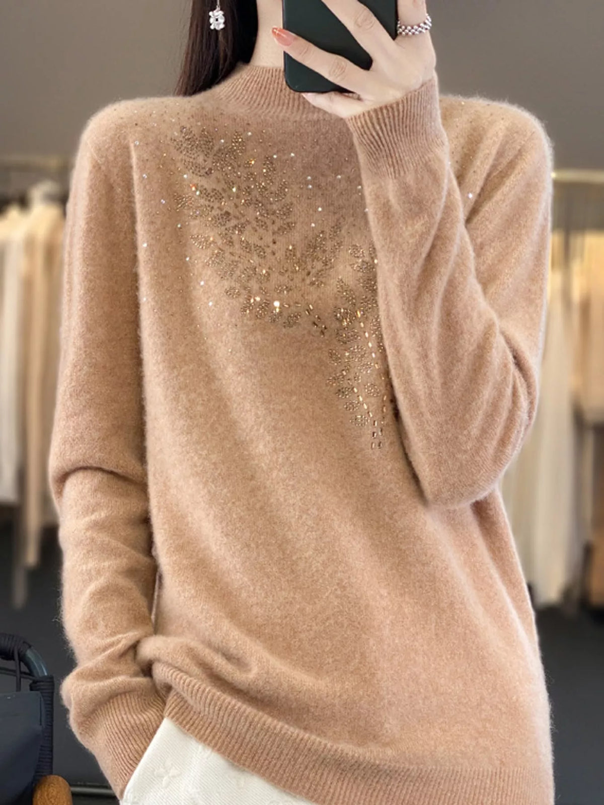 rhinestone leaf mock neck sweater | dropsona polyester - neutral - front view