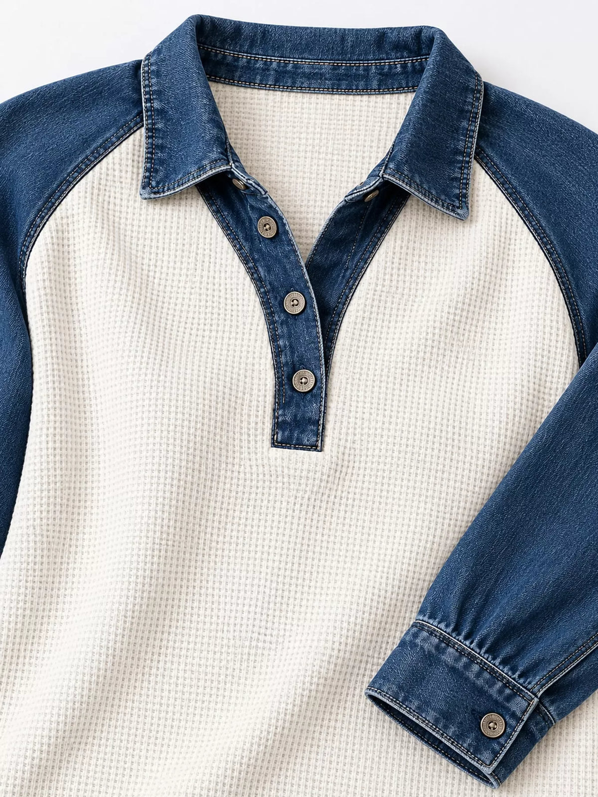 full size waffle knit denim patchwork button detail | dropsona - neutral - material texture