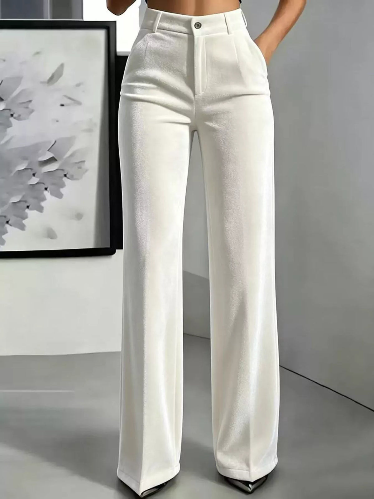 full size high-waisted velvet pants plus | dropsona - neutral - close-up detail