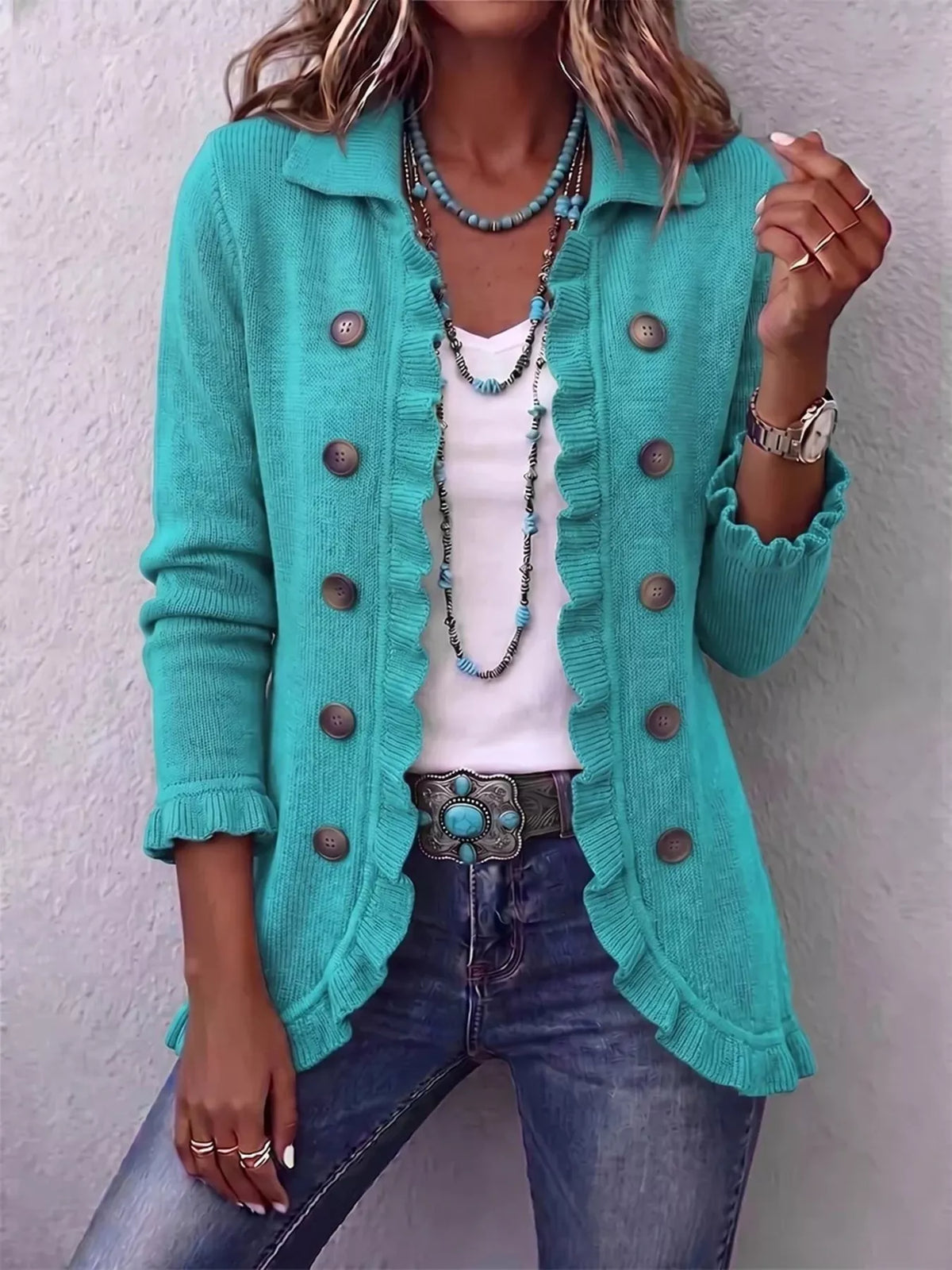 full size ruffled trim decorative button cardigan | dropsona - neutral - close-up detail