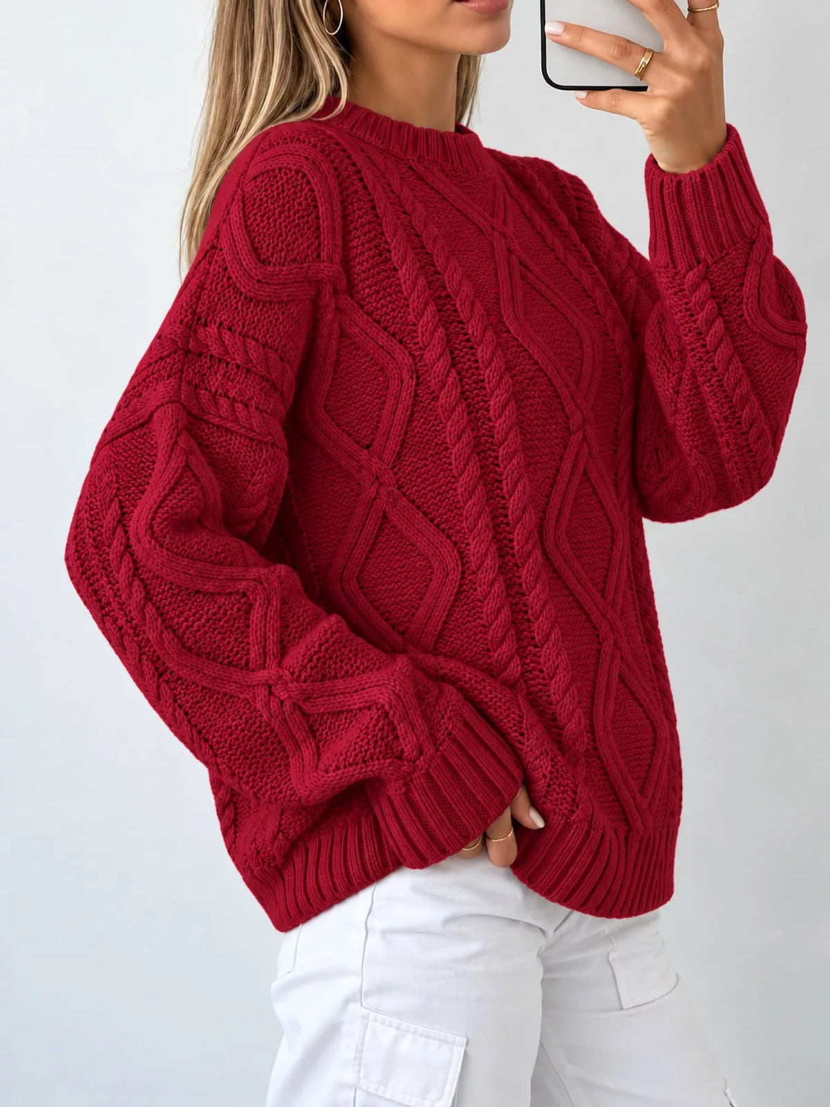 full size cable-knit round neck sweater plus | dropsona - neutral - usage example