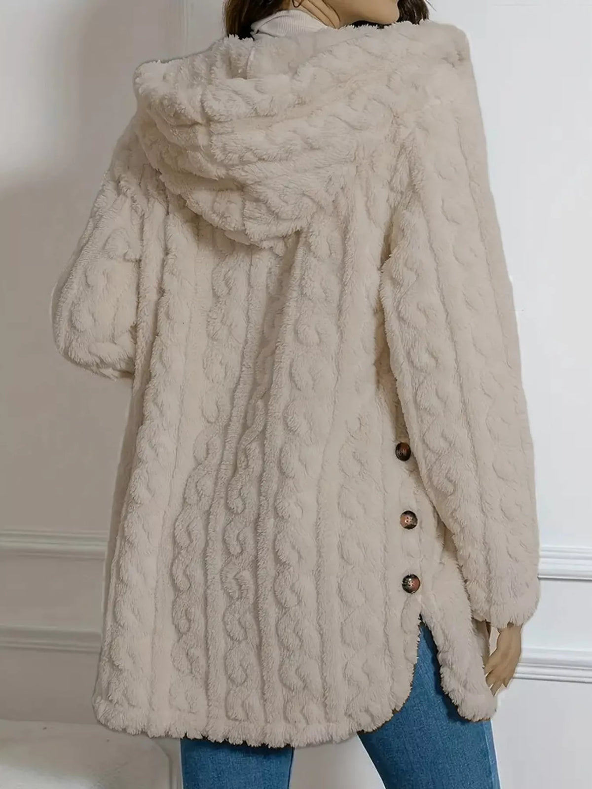 full size cozy cable-knit faux fur hooded outerwear | dropsona - neutral - material texture