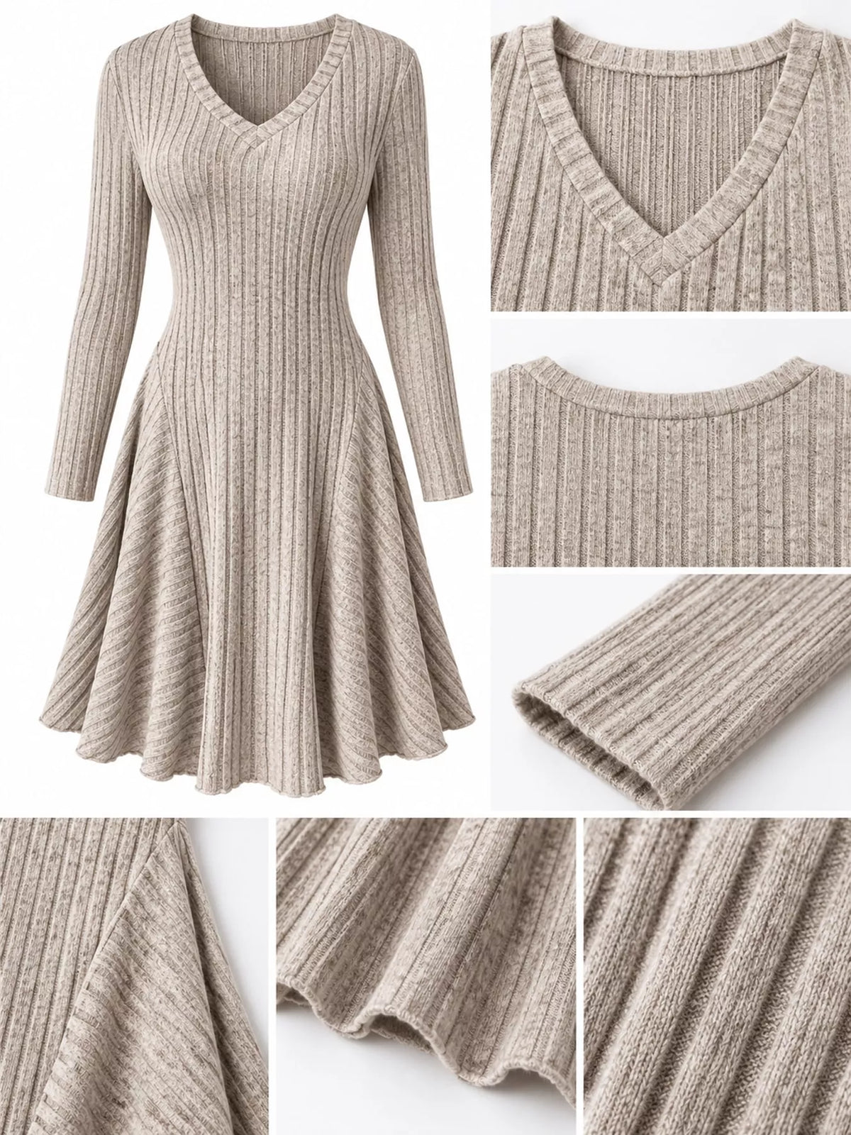 v-neck ribbed knit a-line dress – | dropsona - neutral - close-up detail