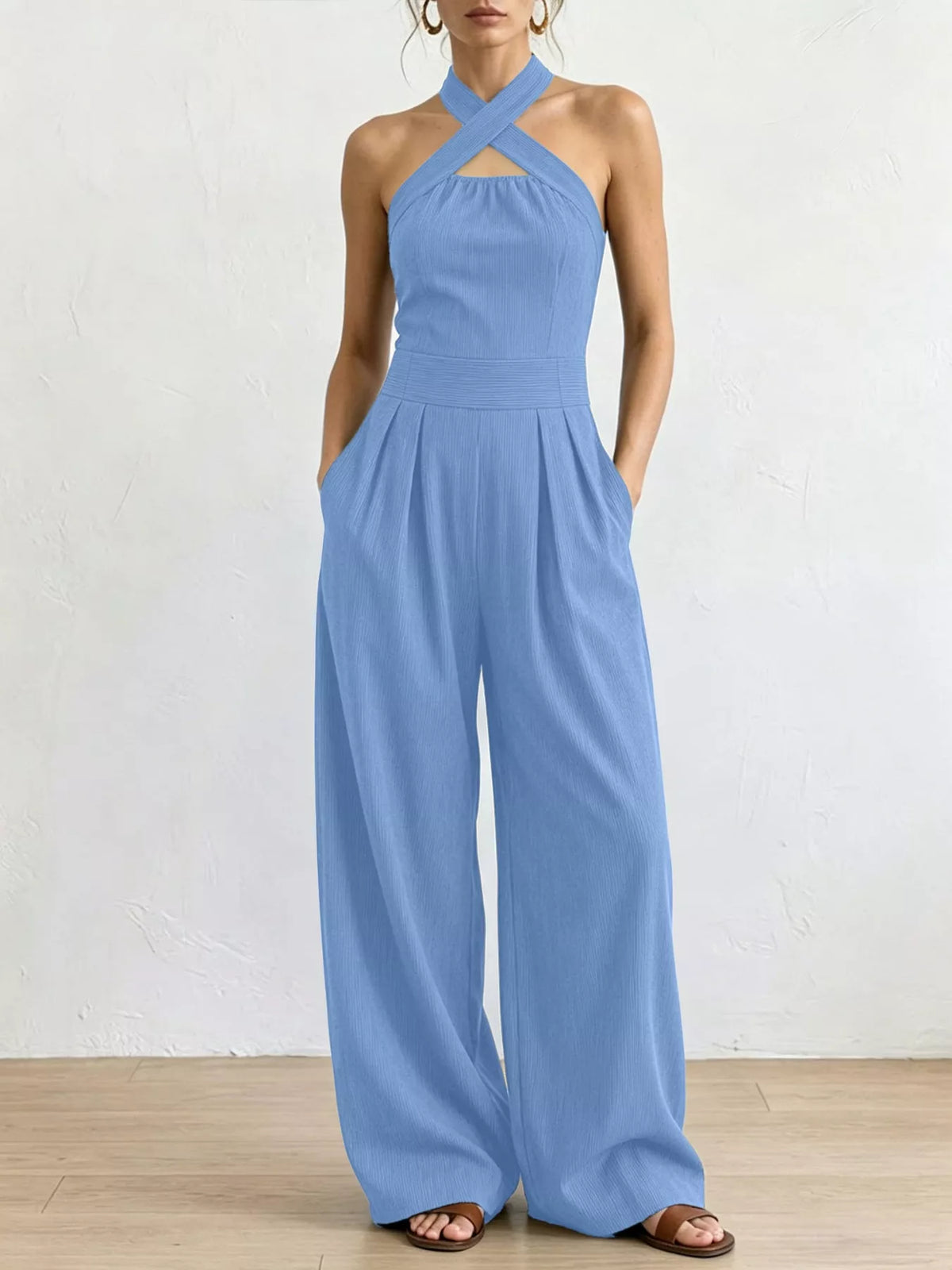 full size halter neck wide-leg jumpsuit plus | dropsona - neutral - close-up detail