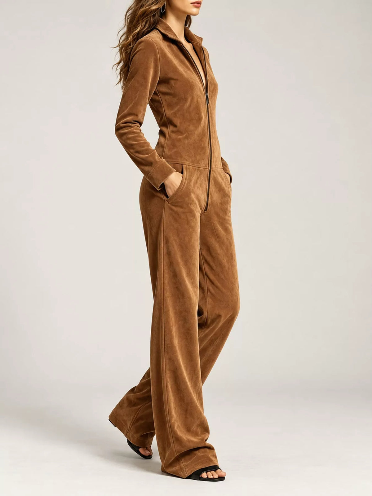 full size chic velour zip-up jumpsuit with pockets | dropsona - neutral - size reference