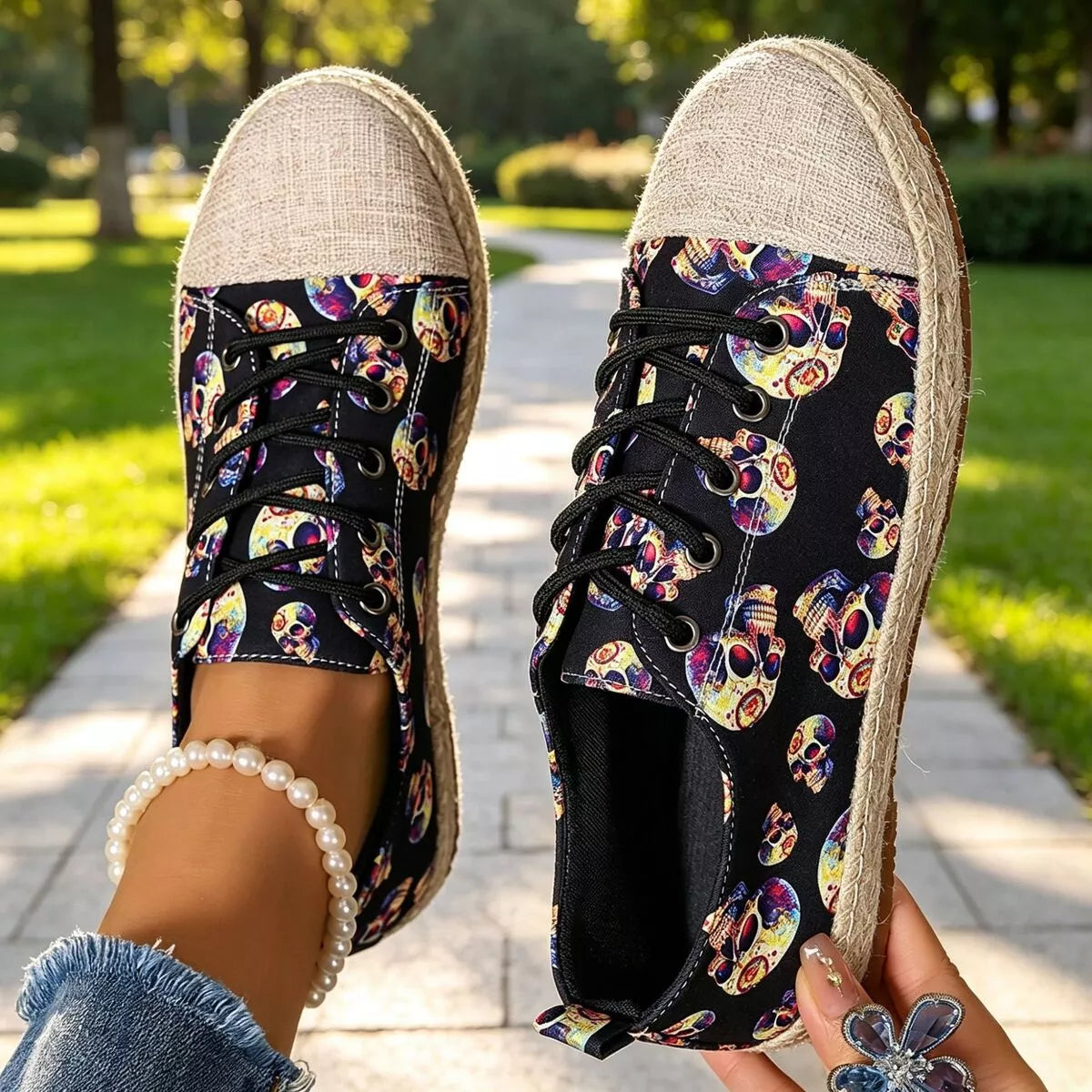 lace-up flat round-toe breathable sneakers | dropsona - neutral - front view