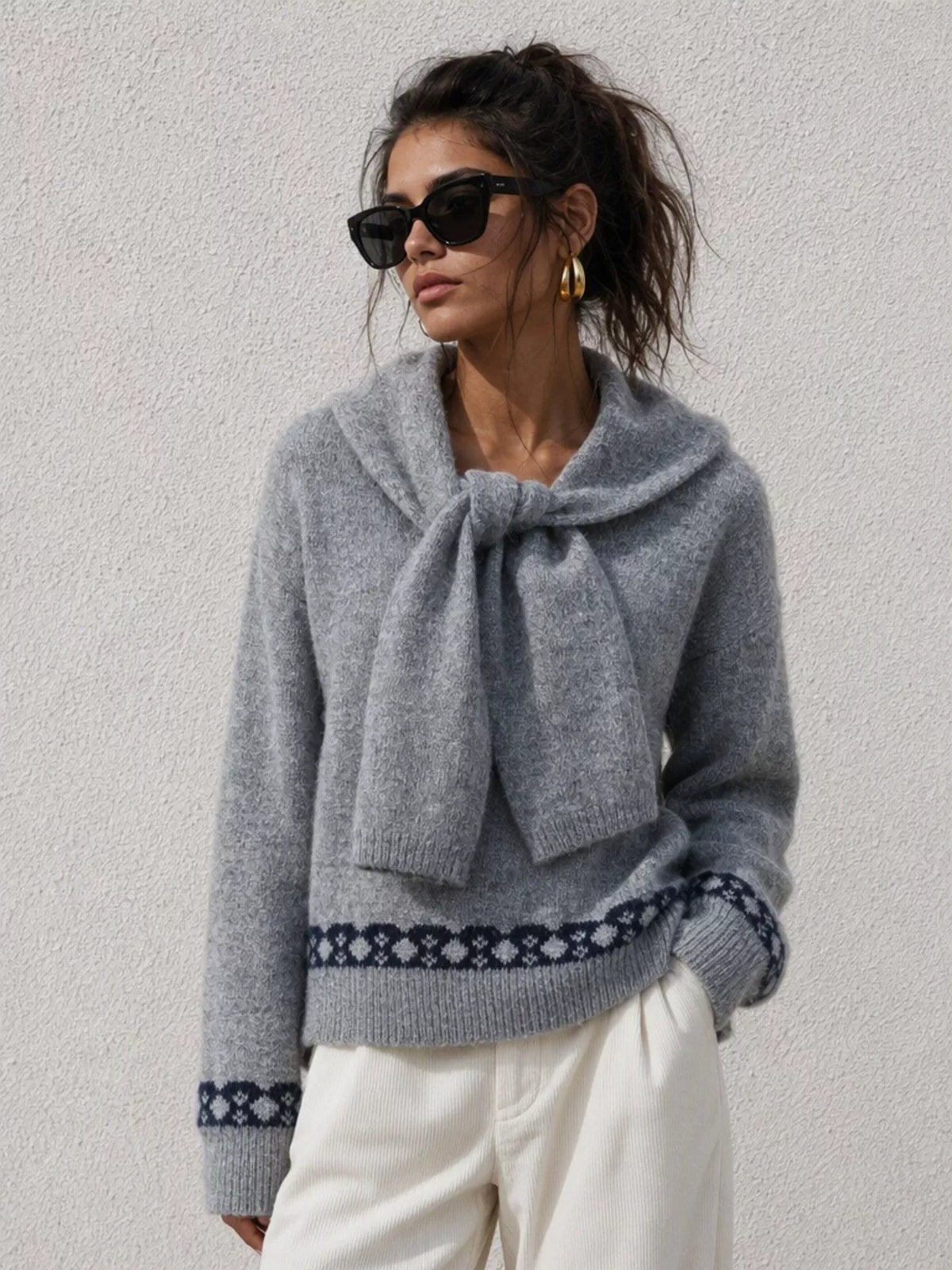 scarf detail dropped shoulder sweater – basic style | dropsona - neutral - close-up detail