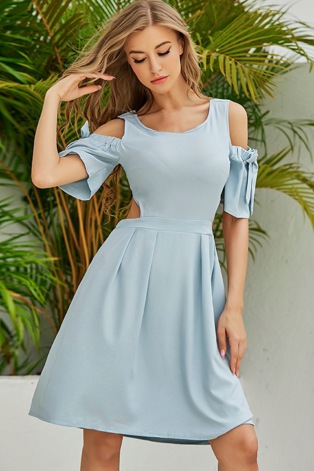 cutout tied cold-shoulder dress | dropsona everyday wear - neutral - usage example