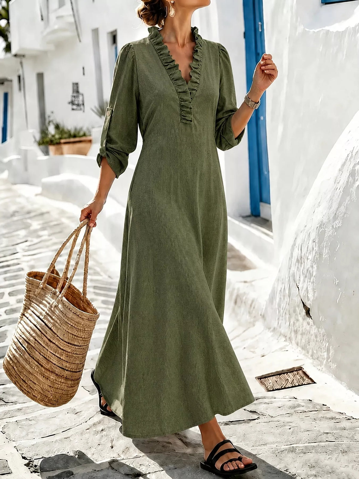 full size frill roll-up sleeve maxi dress plus | dropsona - neutral - close-up detail