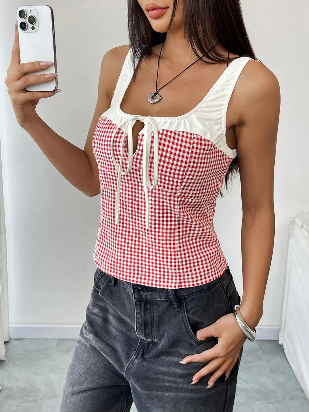 perfee contrast plaid square neck tank - front view