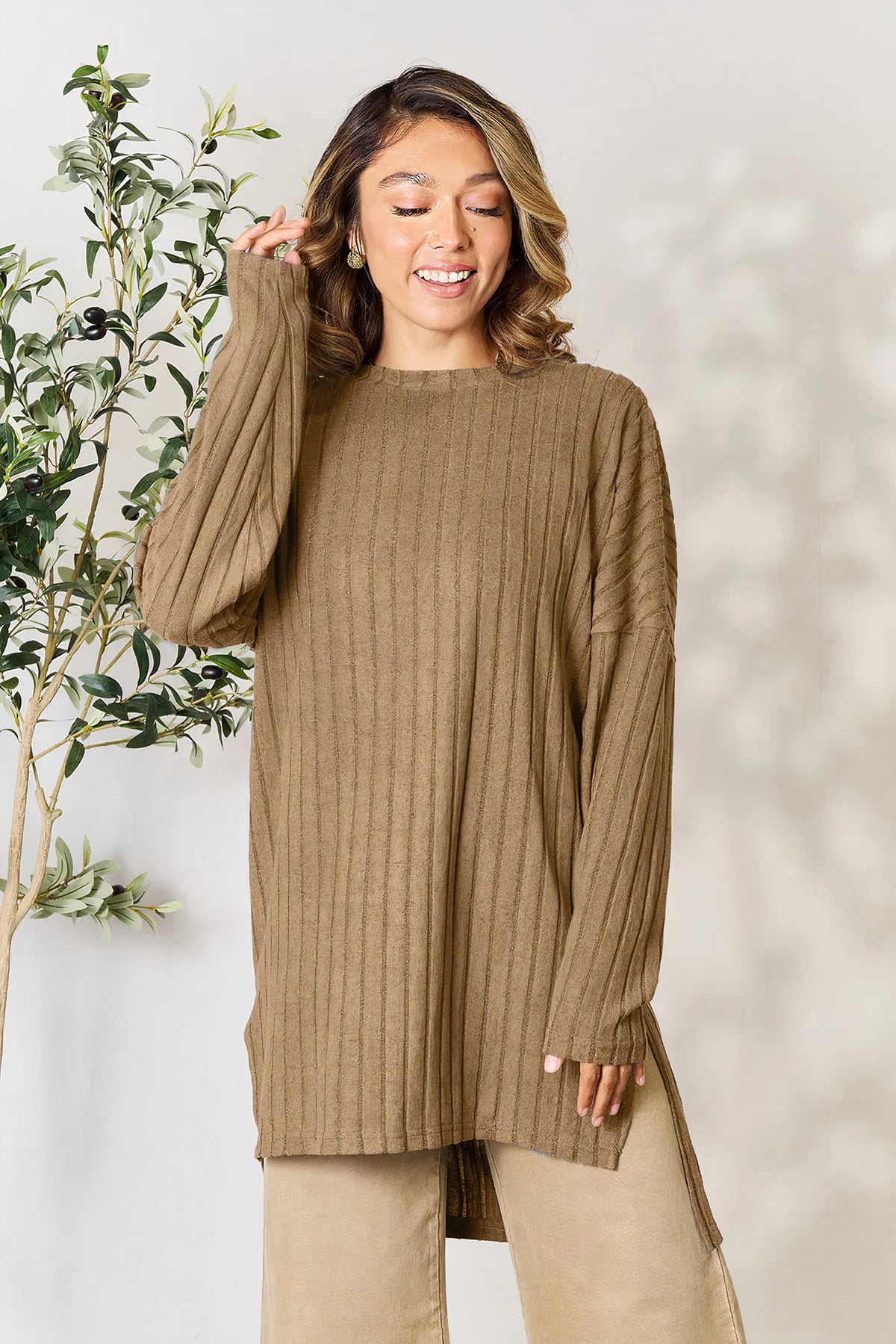 basic bae full size ribbed round neck long sleeve slit top - everyday wear