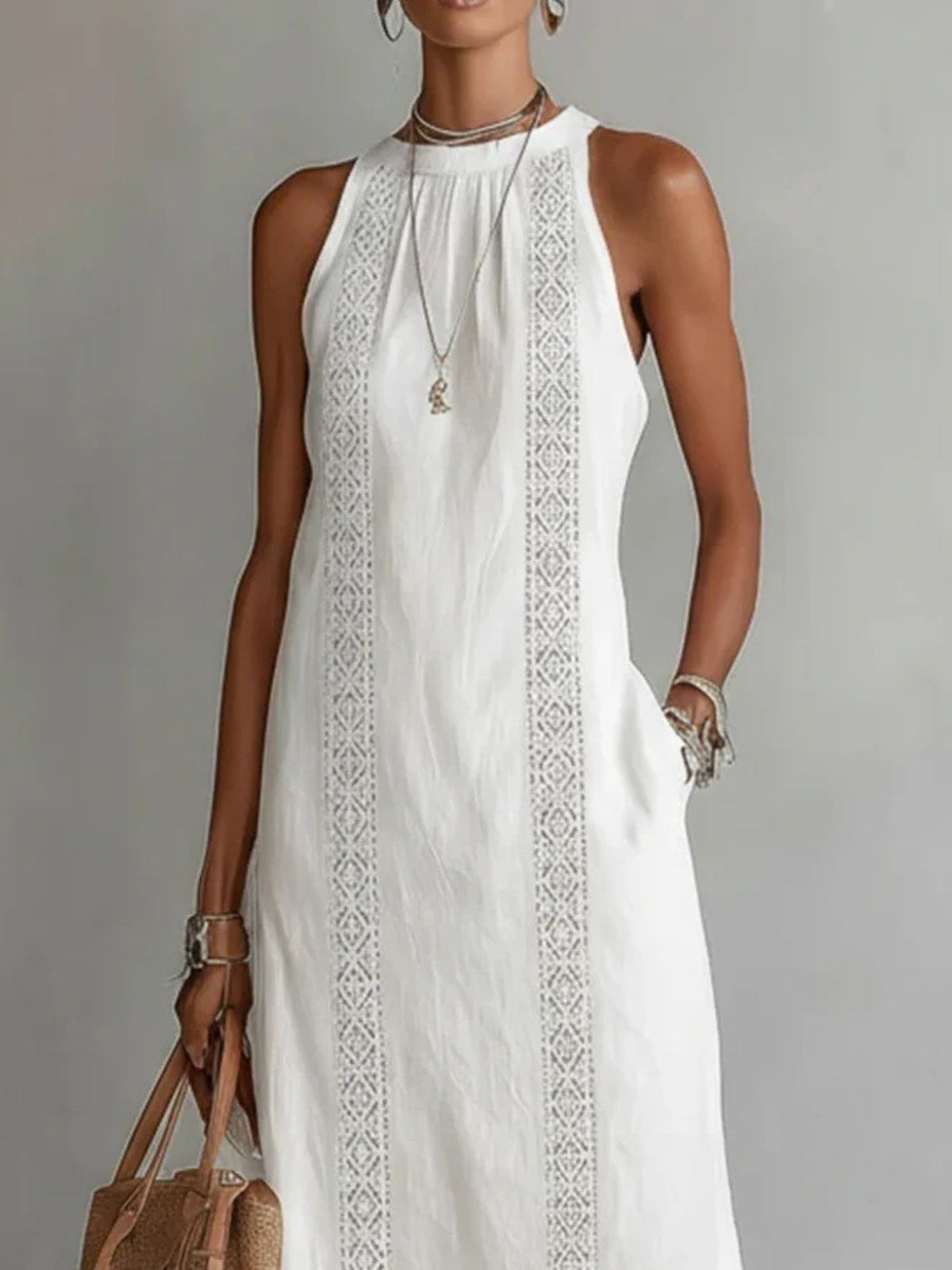 side slit sleeveless hollow-out trimmed midi dress | dropsona - neutral - close-up detail