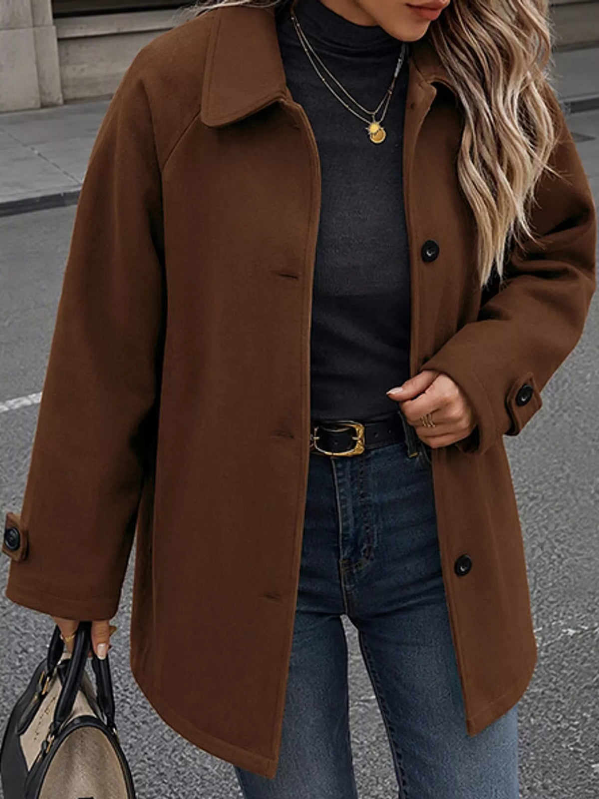 button up raglan sleeve coat – buttoned,thermal fit | dropsona - neutral - close-up detail