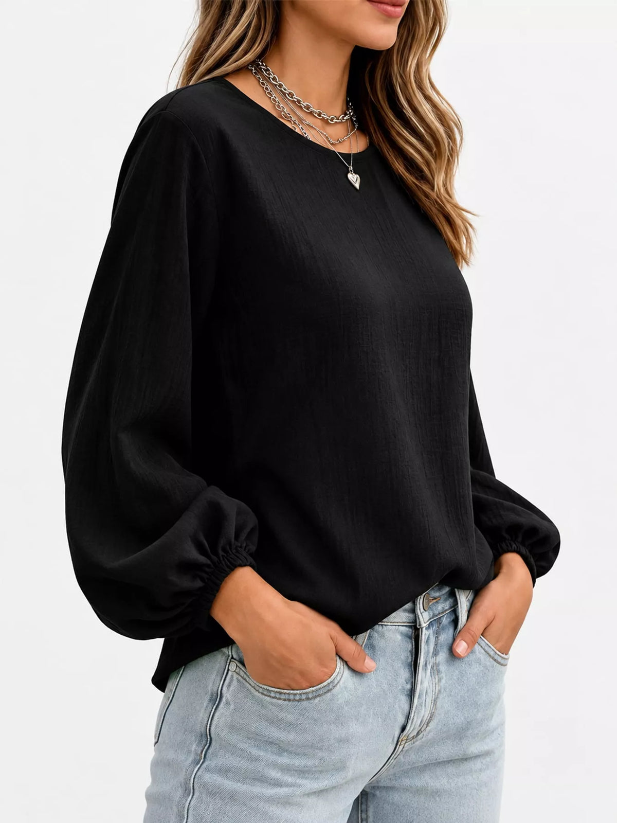 full size elasticated cuffs long sleeve blouse plus | dropsona - neutral - usage example