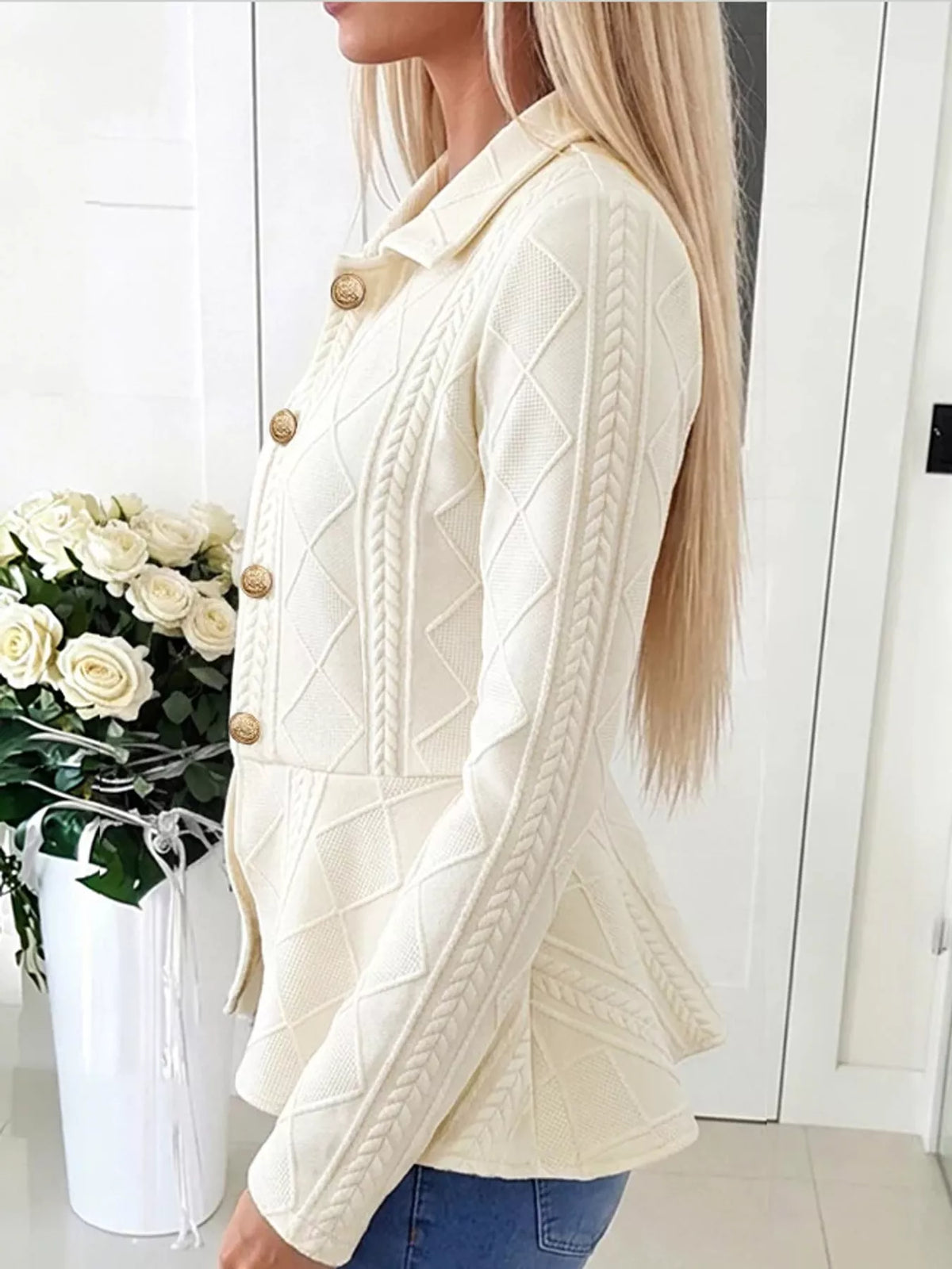 cable-knit button up cardigan | dropsona polyester 100% - neutral - close-up detail