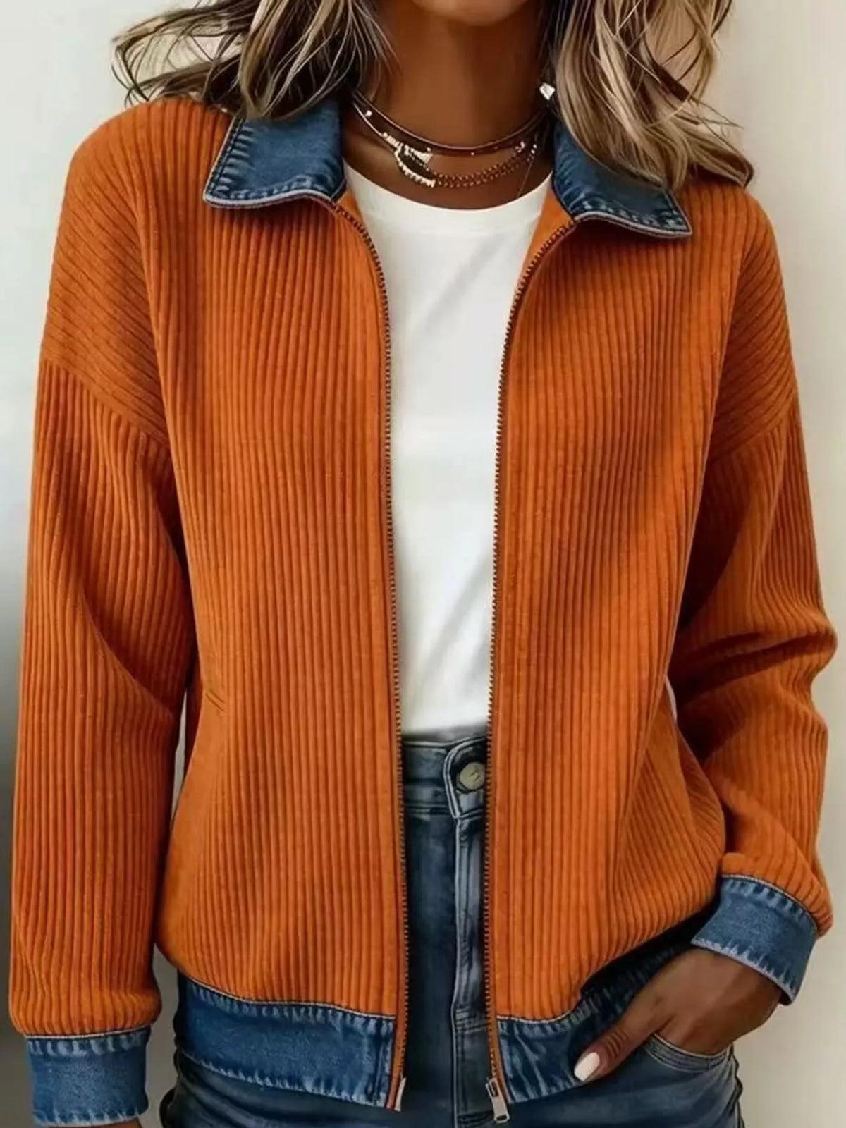full size denim-collar ribbed knit zip-up jacket plus | dropsona - neutral - material texture