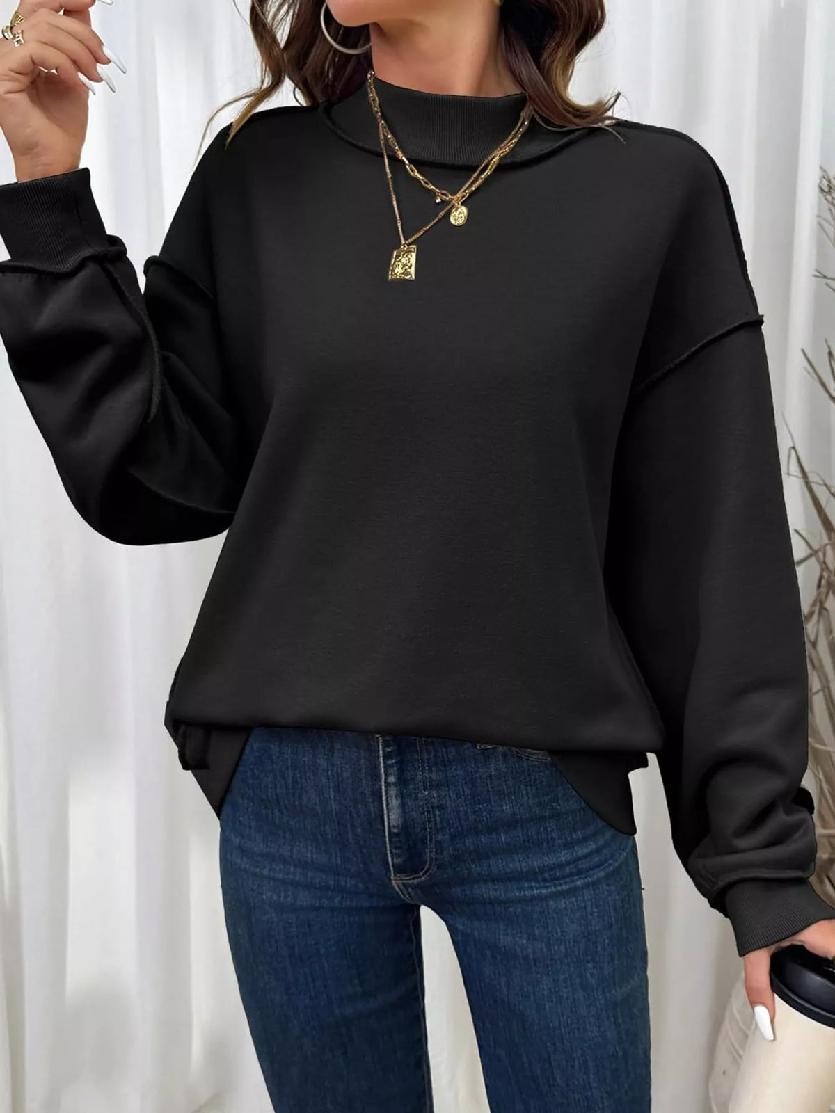 mock neck long sleeve sweatshirt | dropsona polyester 70% - neutral - usage example