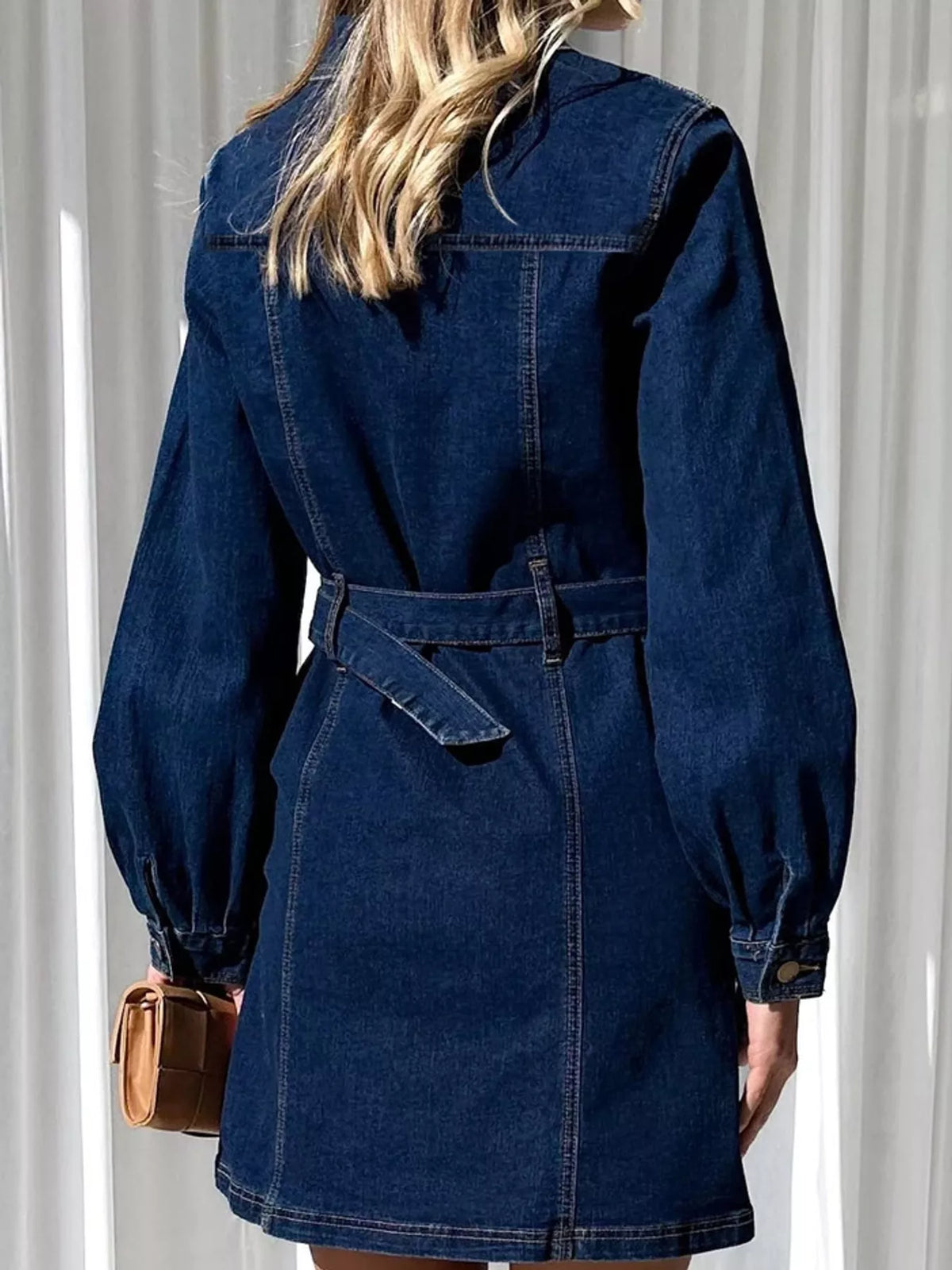 button-down denim dress with belted waist and long | dropsona - neutral - packaging