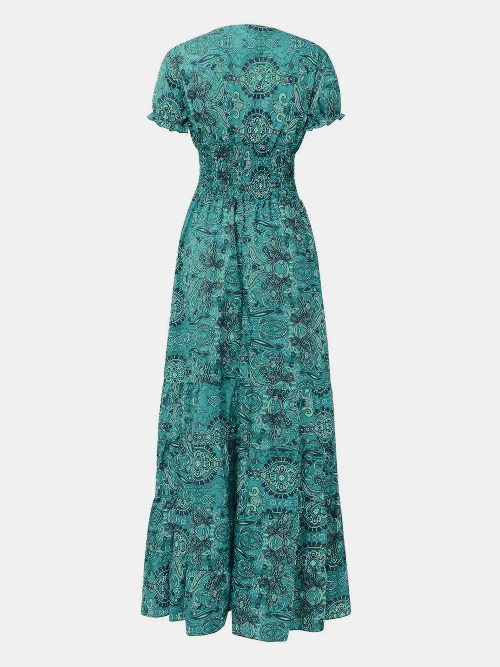 full size smocked printed v-neck short sleeve dress - material texture