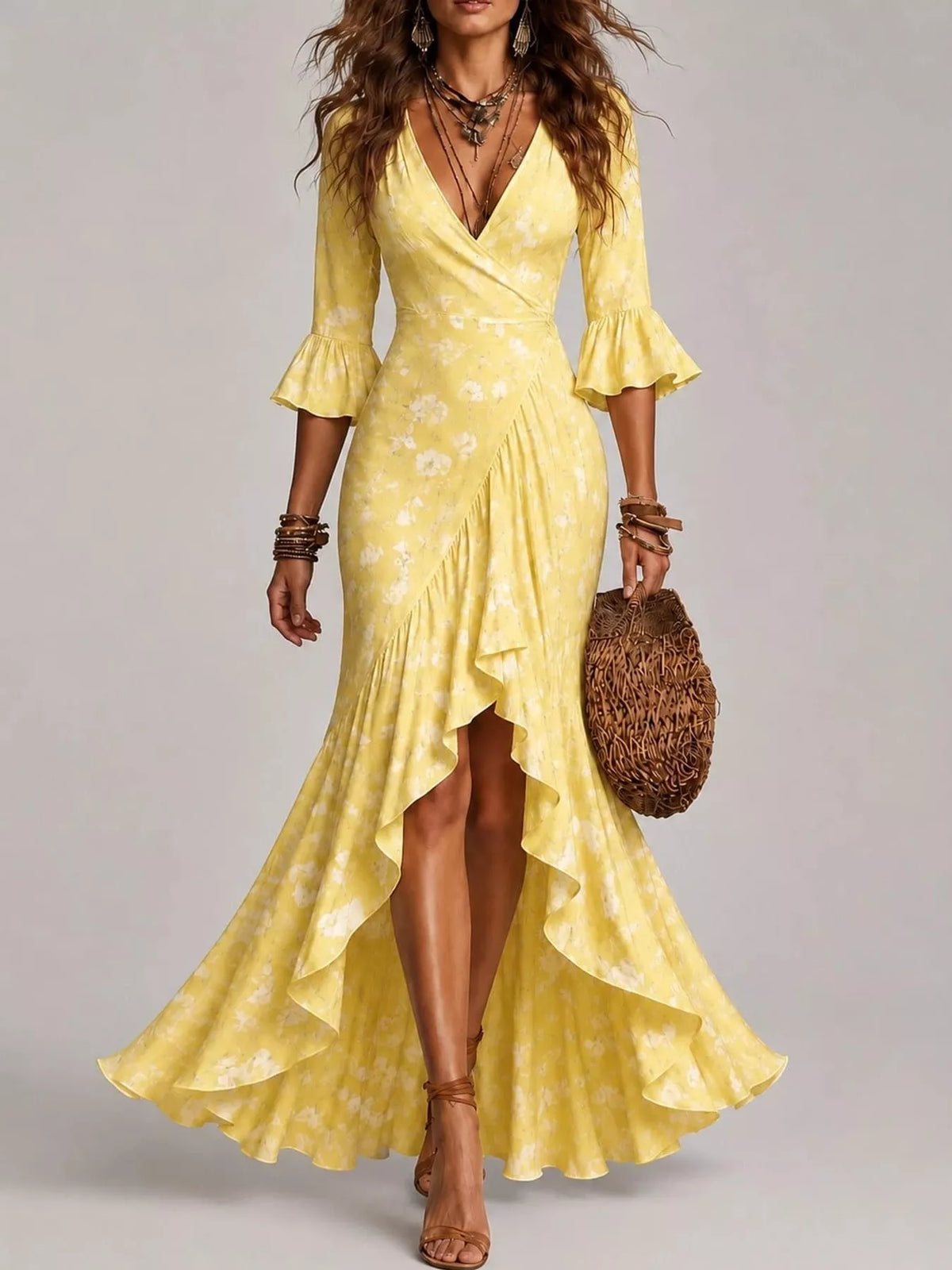 high-low ruffled maxi dress | dropsona - neutral - usage example