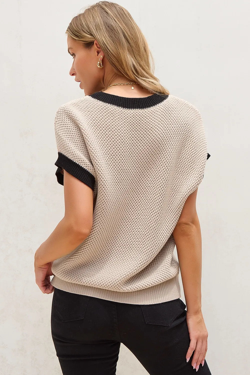 textured knit sweater with contrast trim details | dropsona - neutral - front view