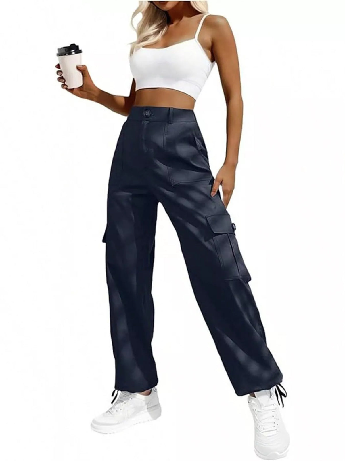 high-waisted cargo pants with drawstring cuffs | dropsona - neutral - size reference