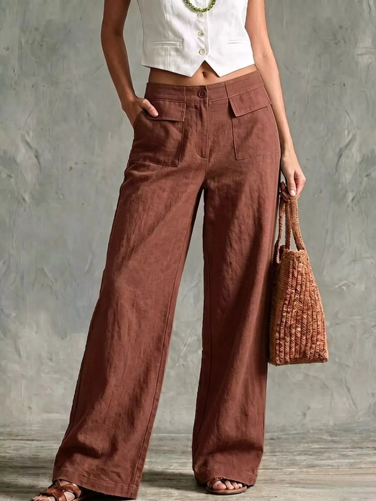 full size high-waisted wide-leg cargo pants plus | dropsona - neutral - material texture