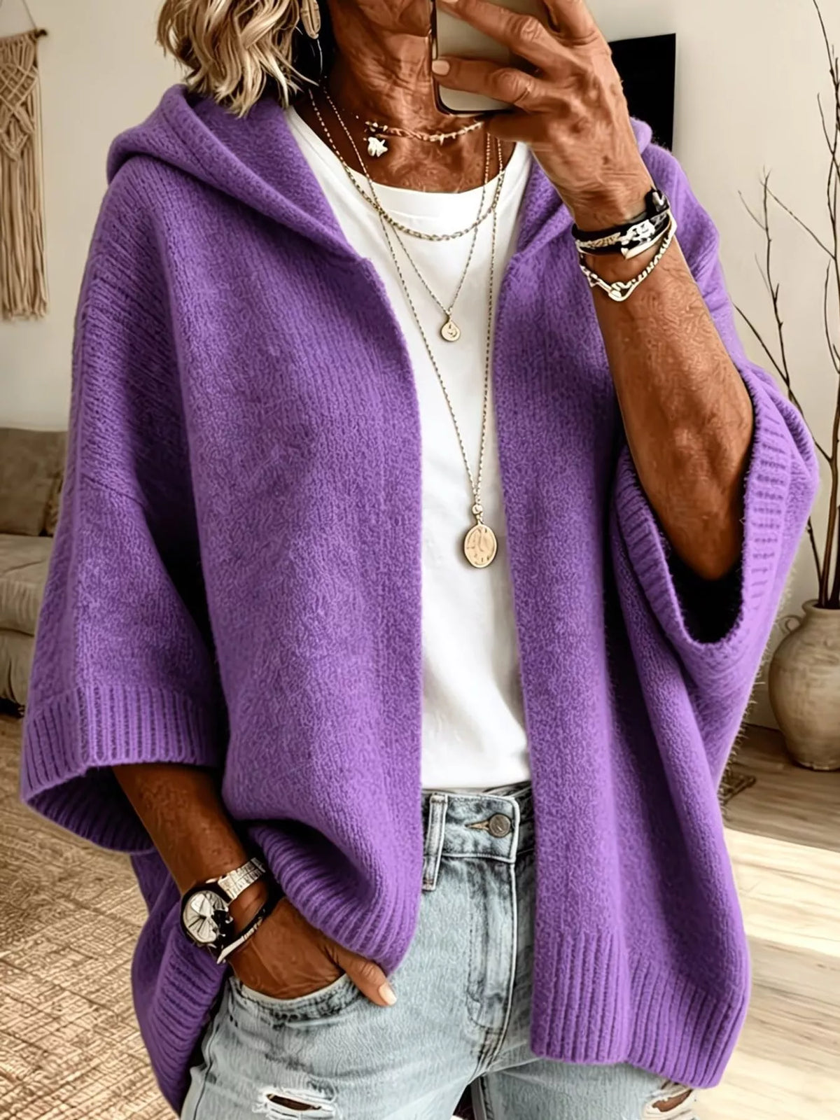 full size hooded open-front knit cardigan plus | dropsona - neutral - size reference