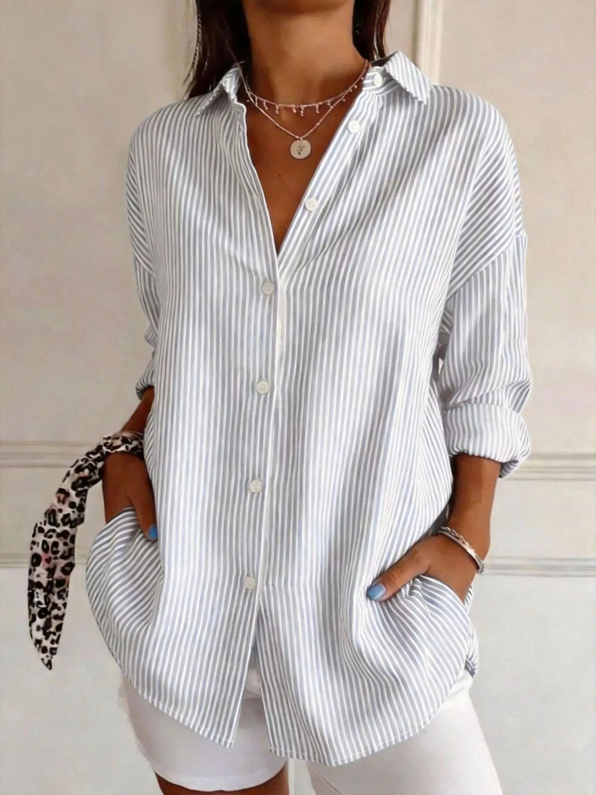 full size striped button-down long sleeve shirt plus | dropsona - neutral - everyday use