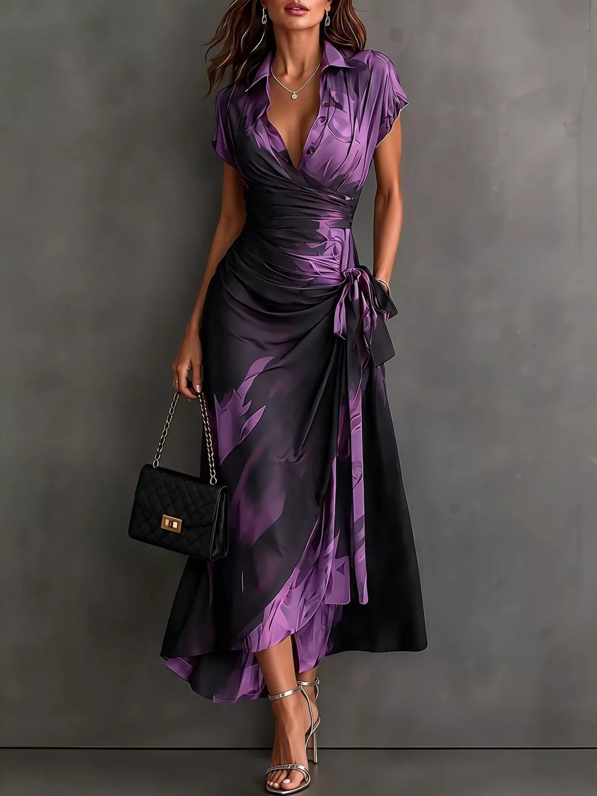 tie detail surplice dress | dropsona - neutral - front view
