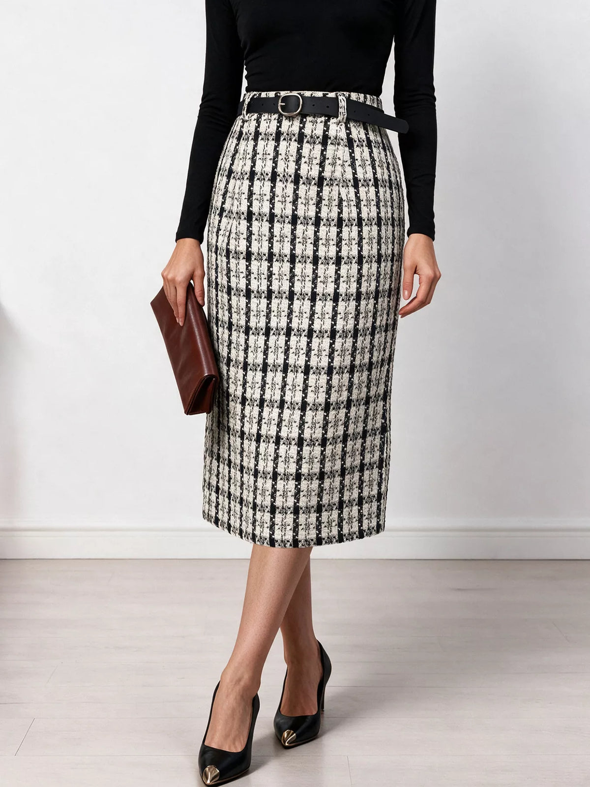high-waisted tweed plaid midi skirt | dropsona - neutral - size reference